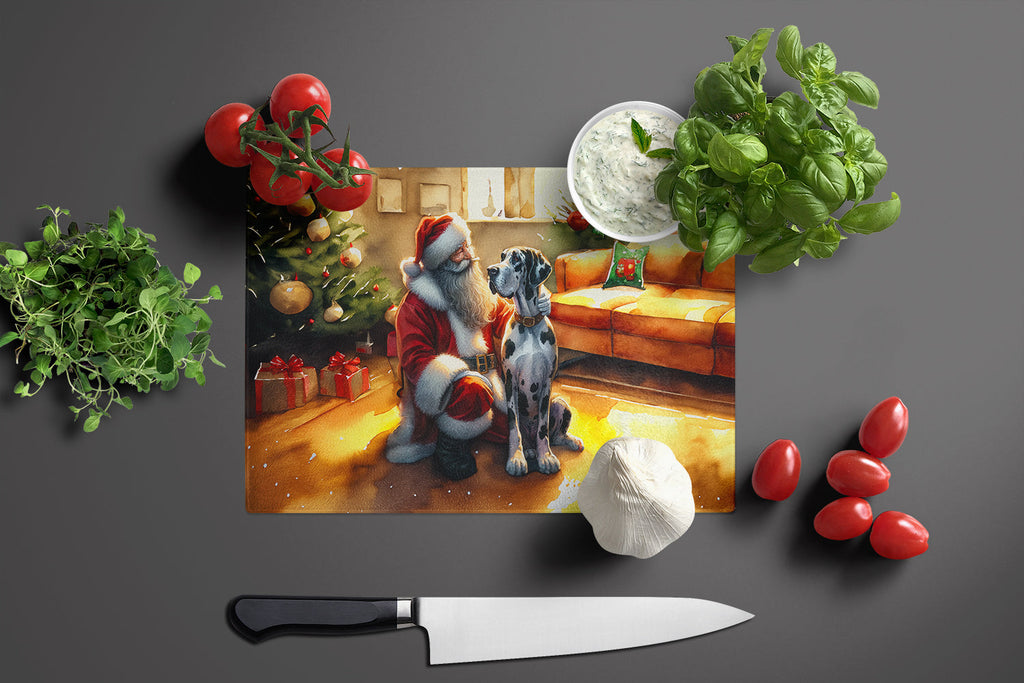 Great Dane and Santa Claus Cutting Board Tempered Glass Kitchen Cutting Surface, Heat Resistant Chopping, Non-Slip Feet, Food Prep & Serving