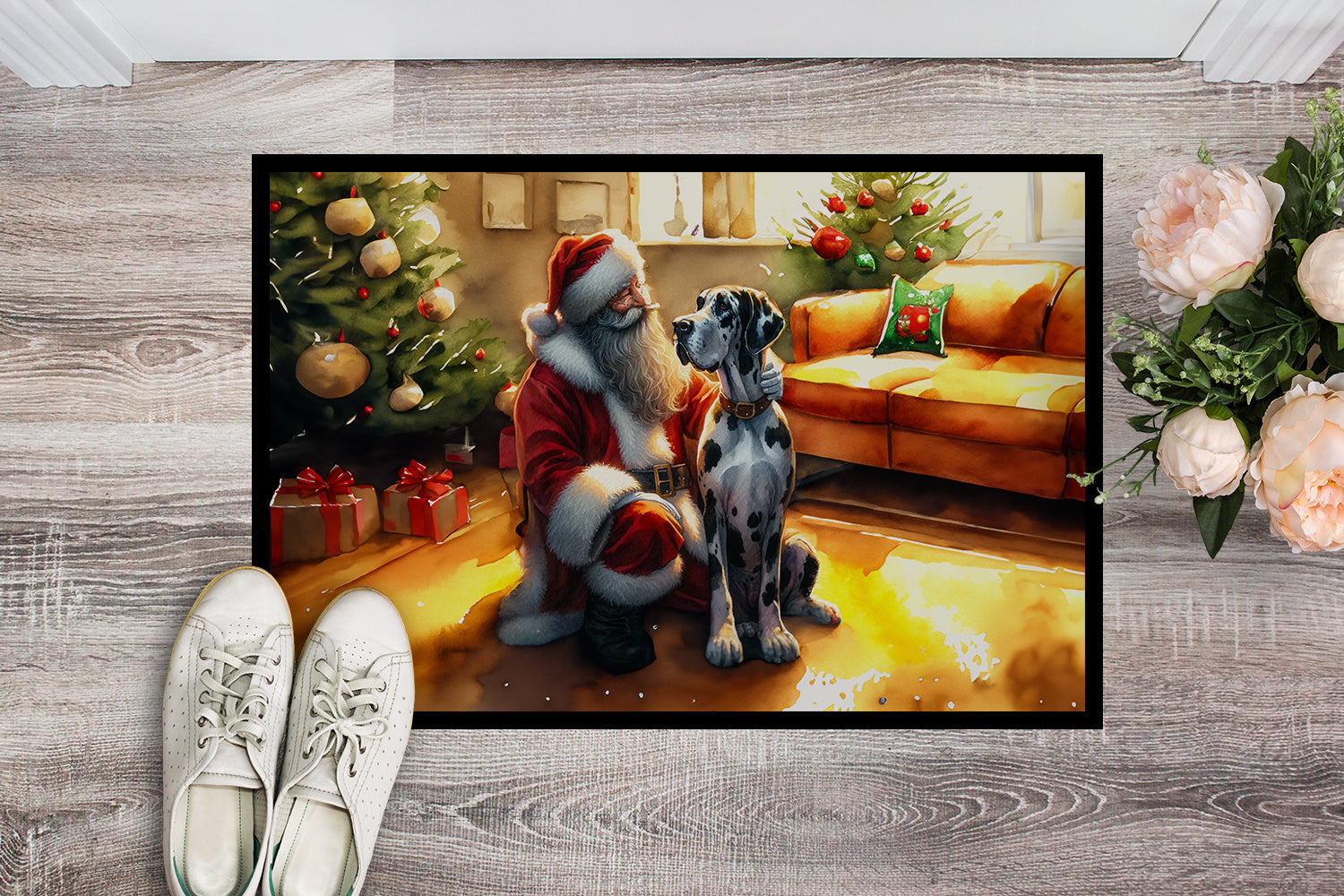 Great Dane and Santa Claus Doormat Indoor Outdoor 18H X 27W Front Door Mat Rugs for Entryway, Non Slip Washable