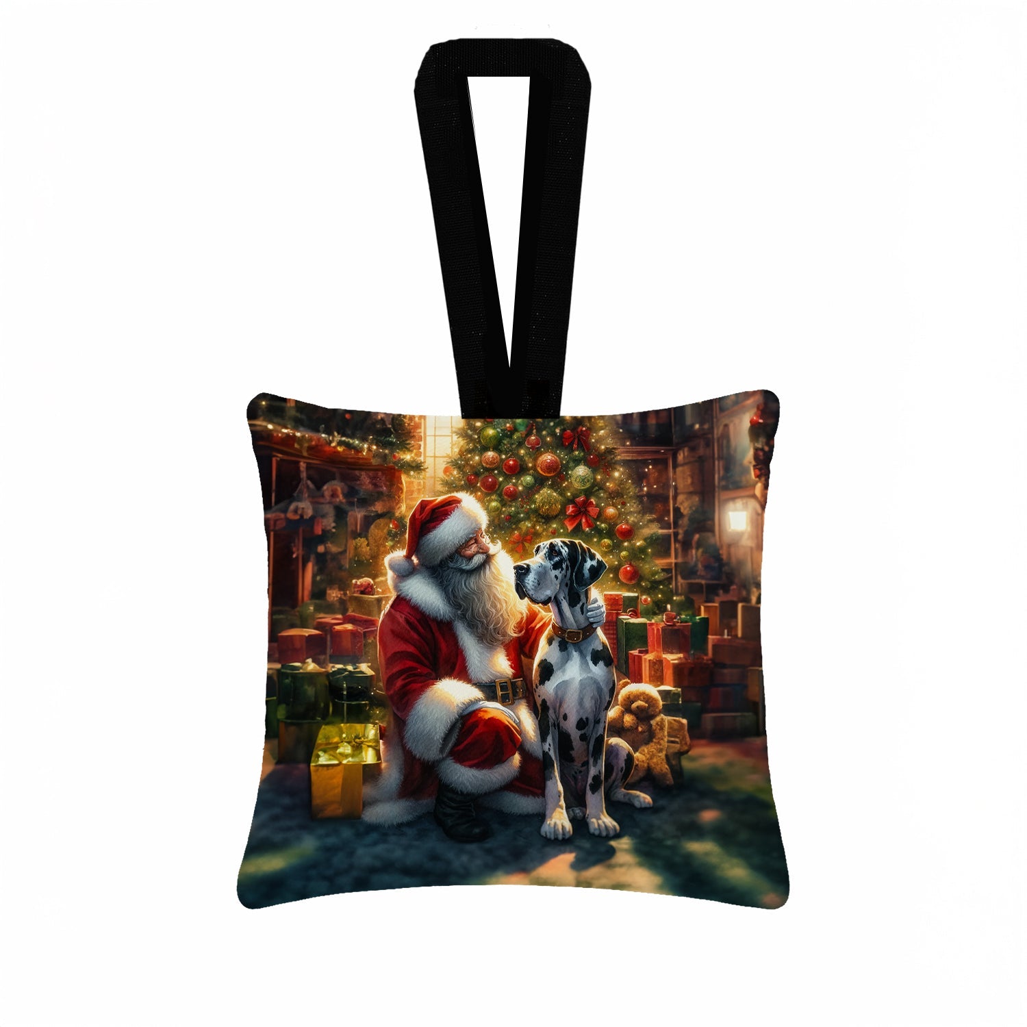 Great Dane and Santa Claus Hanging Square Fabric Ornament 3.5 × 3.5 Decorative Door-Knob & Tree Hanger, Soft Fabric