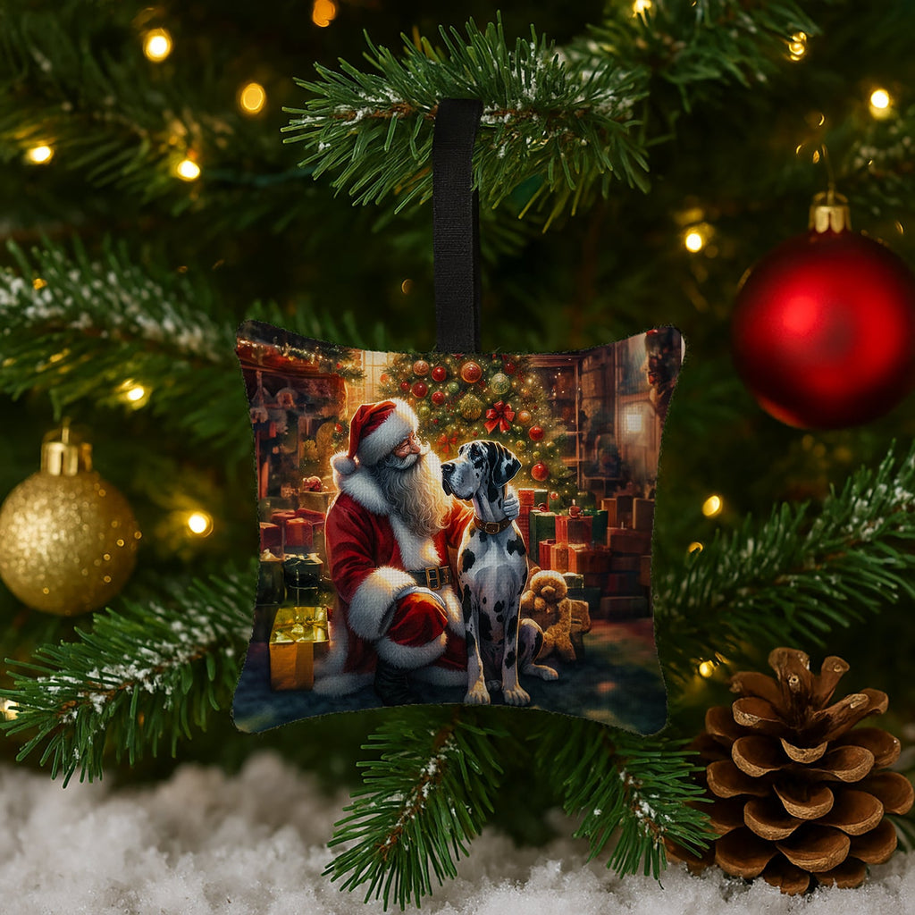 Great Dane and Santa Claus Hanging Square Fabric Ornament 3.5 × 3.5 Decorative Door-Knob & Tree Hanger, Soft Fabric