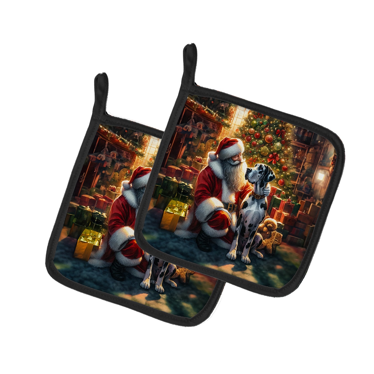 Great Dane and Santa Claus Pot Holder Set of 2 Heat Resistant Quilted Hot Pads 7.5 x 7.5 Inch, Insulated Kitchen Trivets for Cooking & Baking