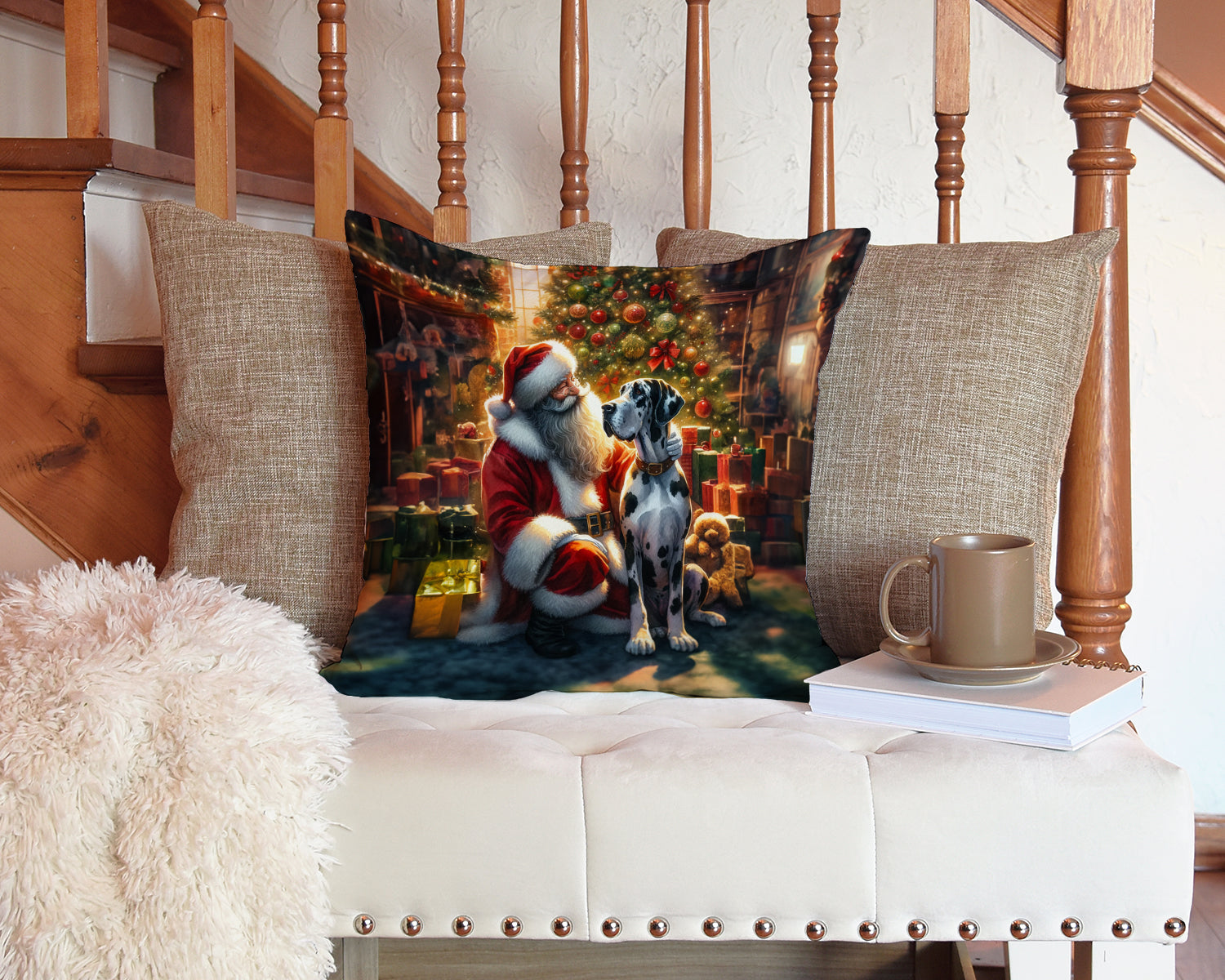 Great Dane and Santa Claus Decorative Throw Pillow 14x14 Indoor Outdoor Accent Cushion, Fabric Cover with Insert for Sofa, Bed, Porch & Living Room