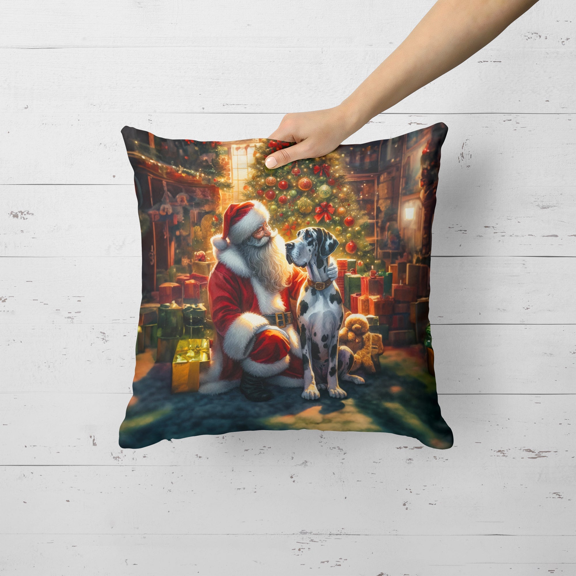 Great Dane and Santa Claus Decorative Throw Pillow 18x18 Indoor Outdoor Accent Cushion, Fabric Cover with Insert for Sofa, Bed, Porch & Living Room