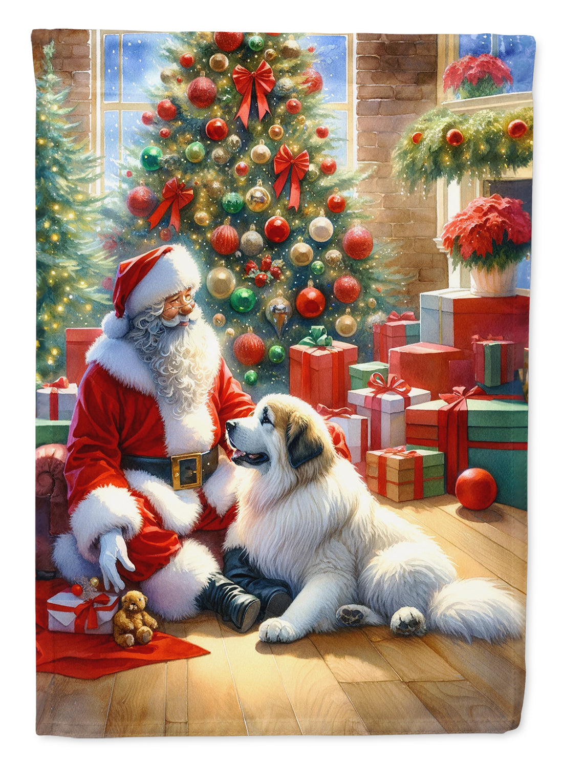Great Pyrenees and Santa Claus House Flag 28x40 Porch Sleeve Pole Decorative Outside Yard Banner Artwork Wall Hanging, Polyester