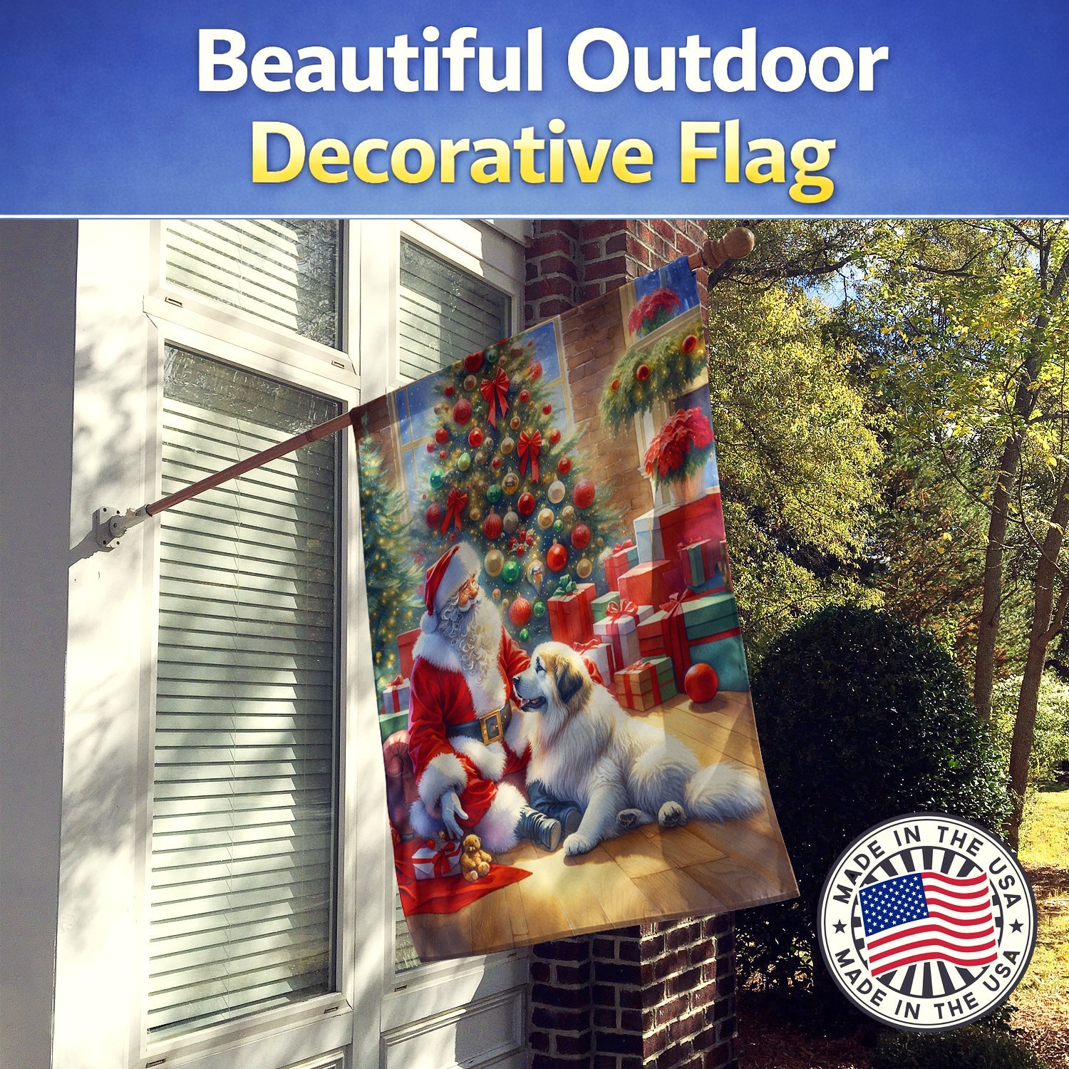 Great Pyrenees and Santa Claus House Flag 28x40 Porch Sleeve Pole Decorative Outside Yard Banner Artwork Wall Hanging, Polyester