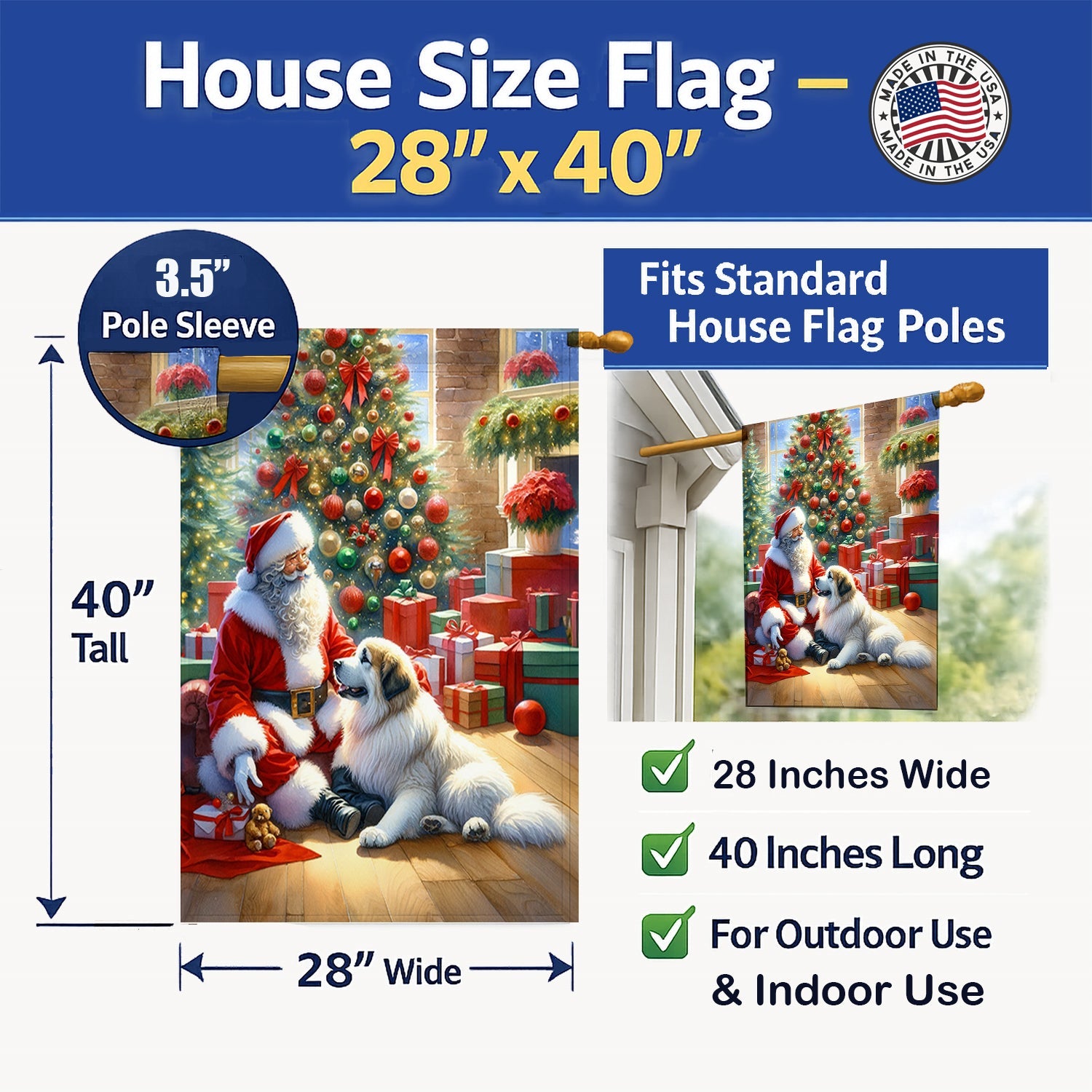 Great Pyrenees and Santa Claus House Flag 28x40 Porch Sleeve Pole Decorative Outside Yard Banner Artwork Wall Hanging, Polyester
