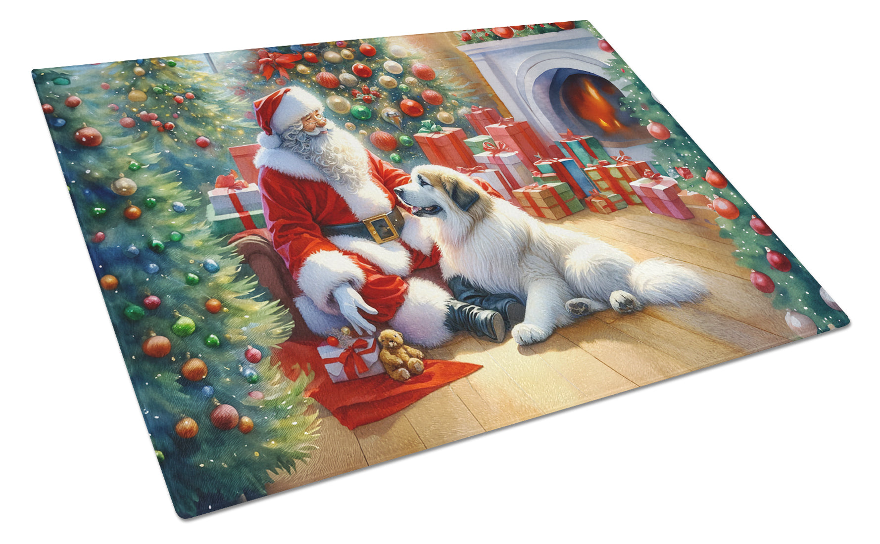 Great Pyrenees and Santa Claus Cutting Board Tempered Glass Kitchen Cutting Surface, Heat Resistant Chopping, Non-Slip Feet, Food Prep & Serving