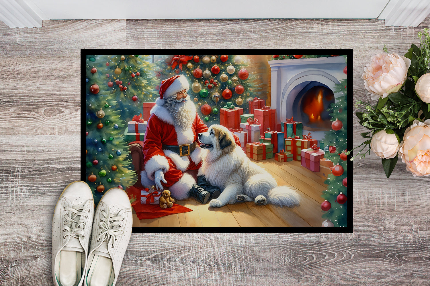 Great Pyrenees and Santa Claus Doormat Indoor Outdoor 18H X 27W Front Door Mat Rugs for Entryway, Non Slip Washable