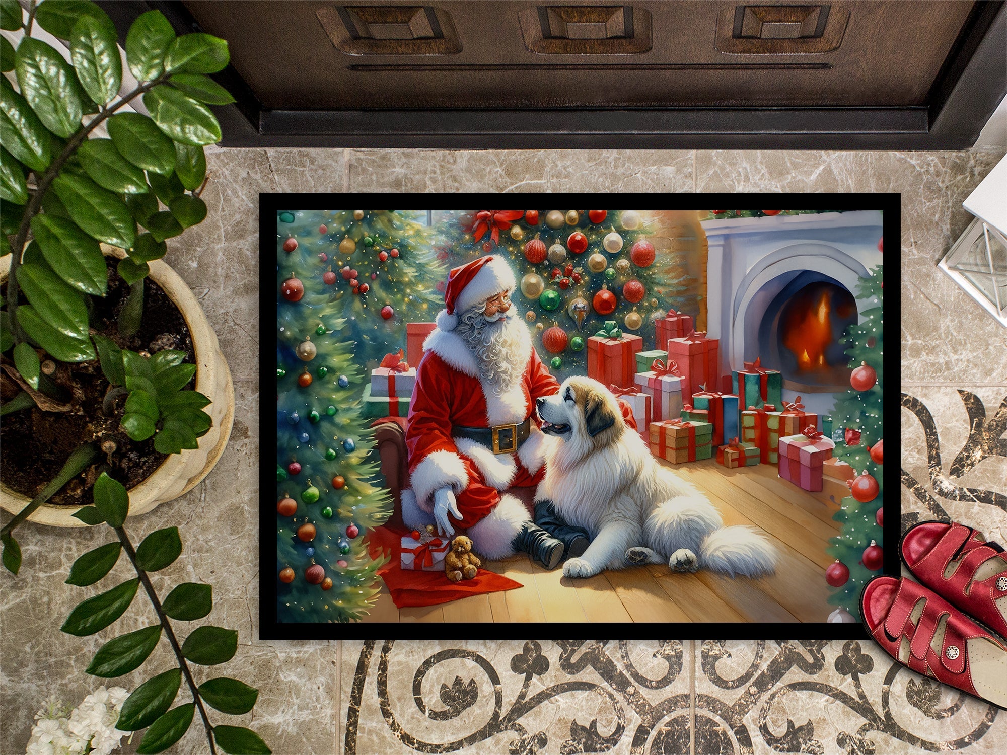 Great Pyrenees and Santa Claus Doormat Indoor Outdoor 18H X 27W Front Door Mat Rugs for Entryway, Non Slip Washable