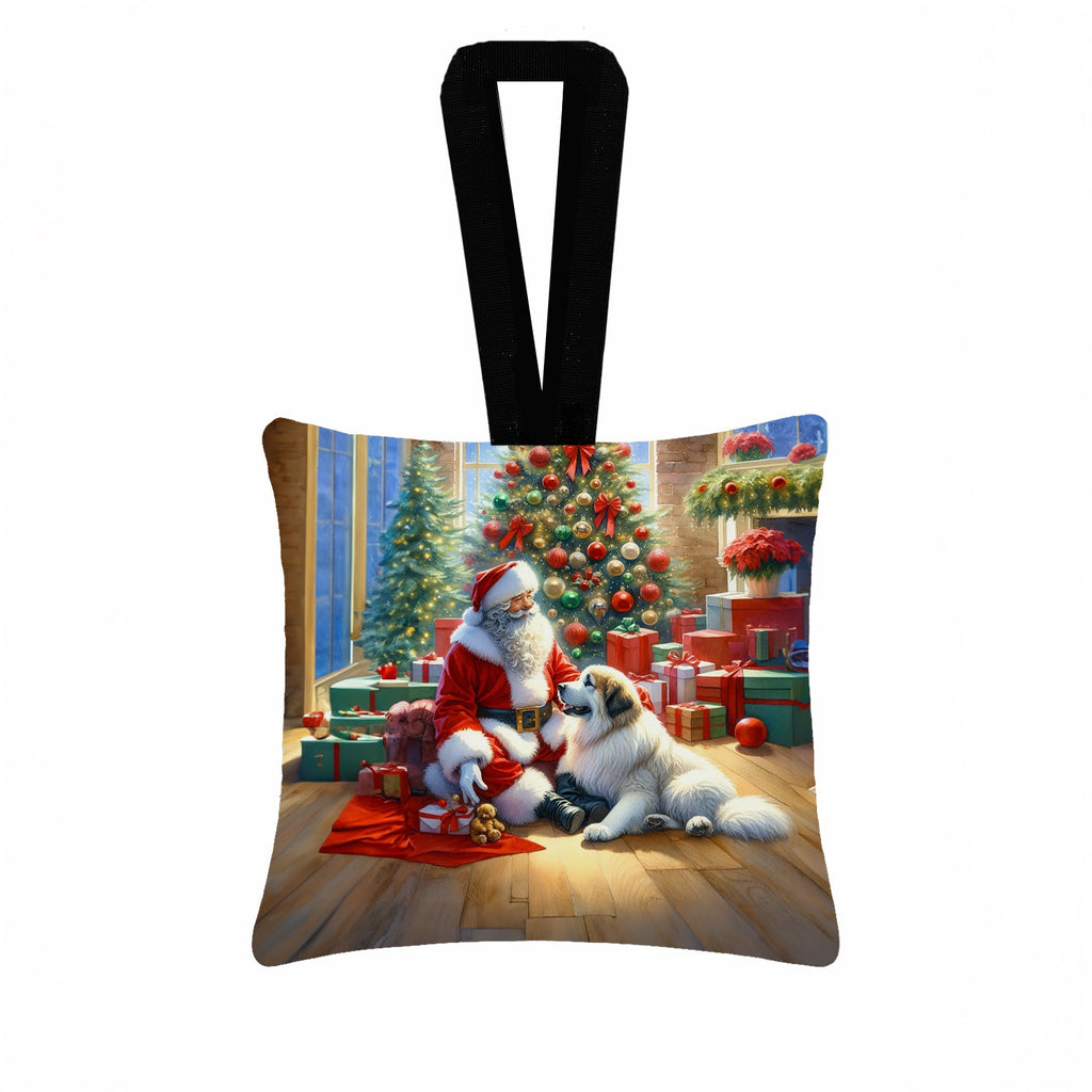 Great Pyrenees and Santa Claus Hanging Square Fabric Ornament 3.5 × 3.5 Decorative Door-Knob & Tree Hanger, Soft Fabric