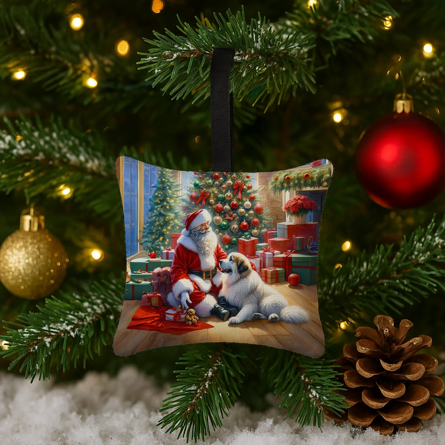 Great Pyrenees and Santa Claus Hanging Square Fabric Ornament 3.5 × 3.5 Decorative Door-Knob & Tree Hanger, Soft Fabric