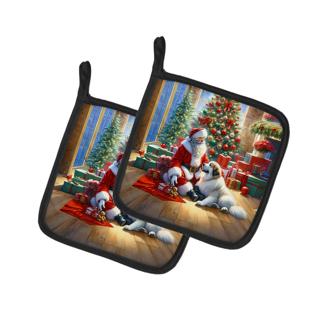 Great Pyrenees and Santa Claus Pot Holder Set of 2 Heat Resistant Quilted Hot Pads 7.5 x 7.5 Inch, Insulated Kitchen Trivets for Cooking & Baking