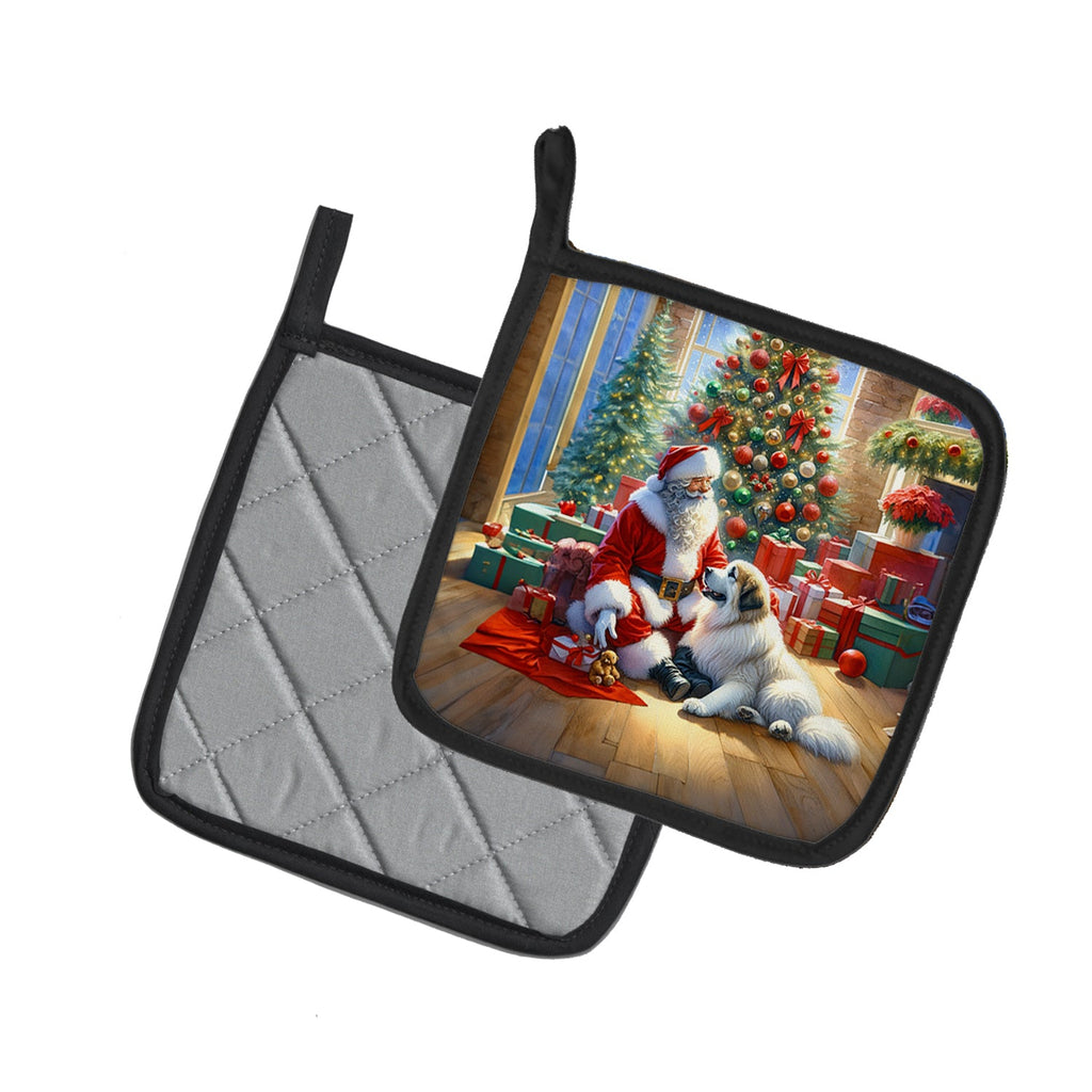 Great Pyrenees and Santa Claus Pot Holder Set of 2 Heat Resistant Quilted Hot Pads 7.5 x 7.5 Inch, Insulated Kitchen Trivets for Cooking & Baking