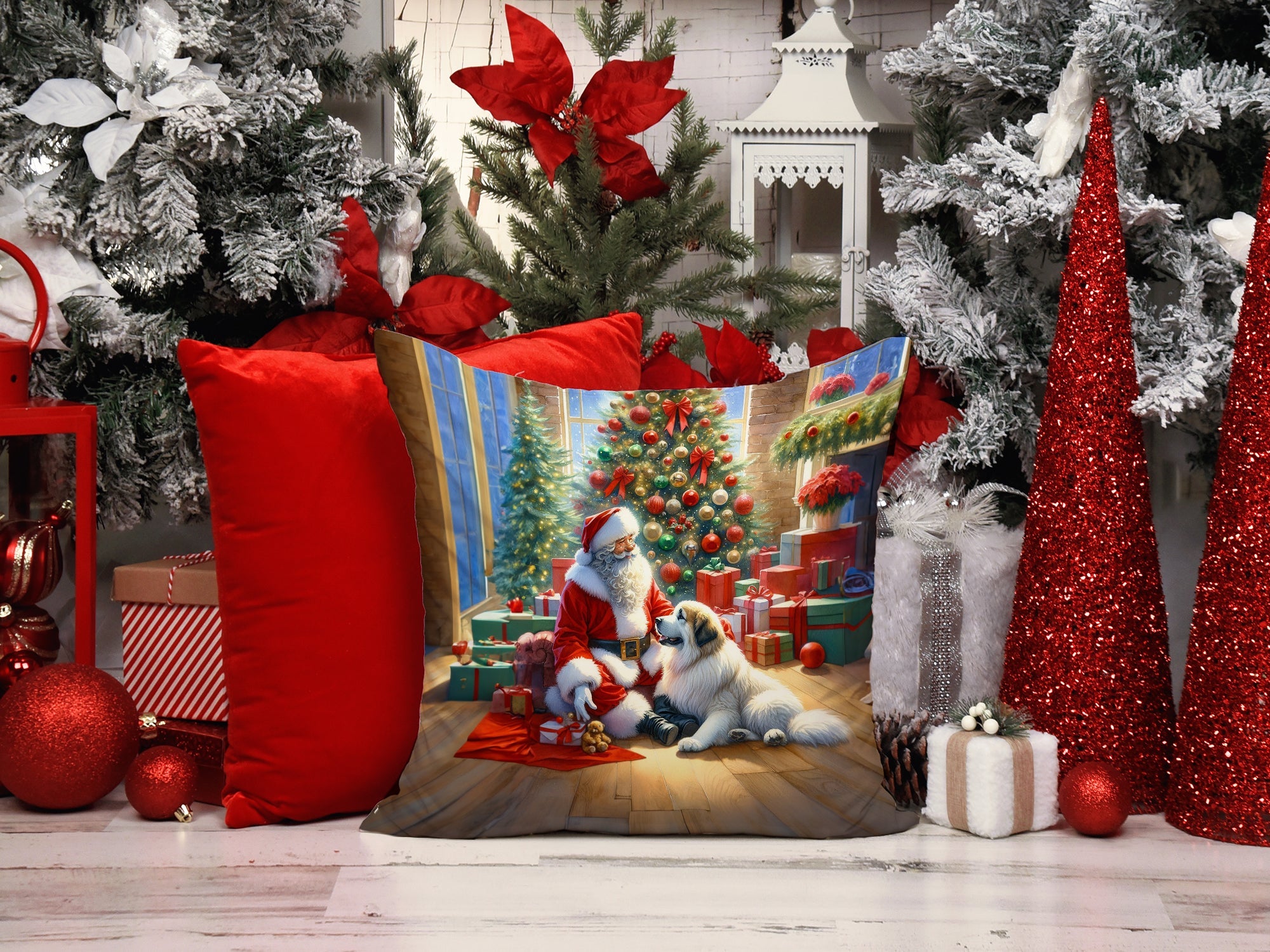 Great Pyrenees and Santa Claus Decorative Throw Pillow 14x14 Indoor Outdoor Accent Cushion, Fabric Cover with Insert for Sofa, Bed, Porch & Living Room