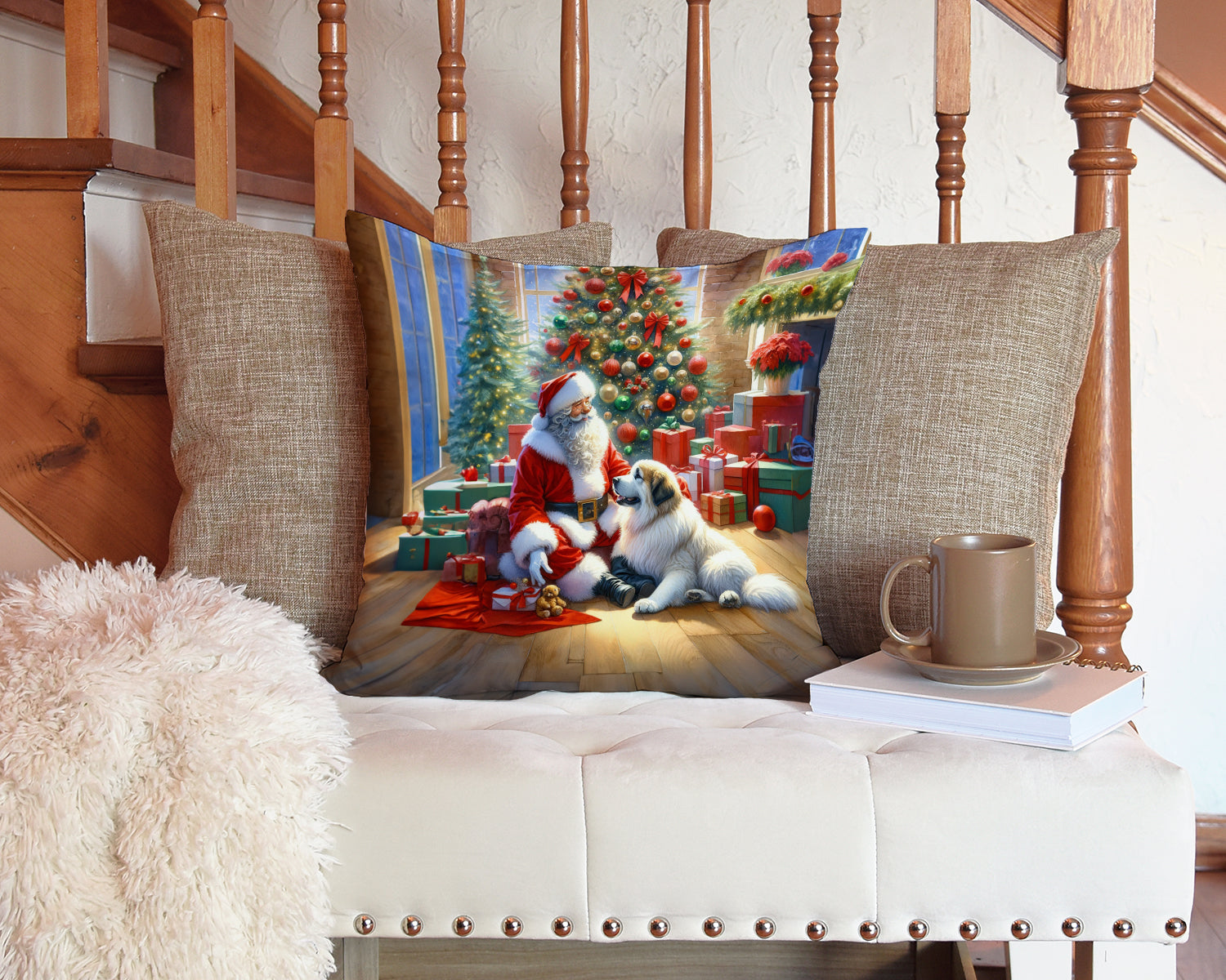 Great Pyrenees and Santa Claus Decorative Throw Pillow 14x14 Indoor Outdoor Accent Cushion, Fabric Cover with Insert for Sofa, Bed, Porch & Living Room