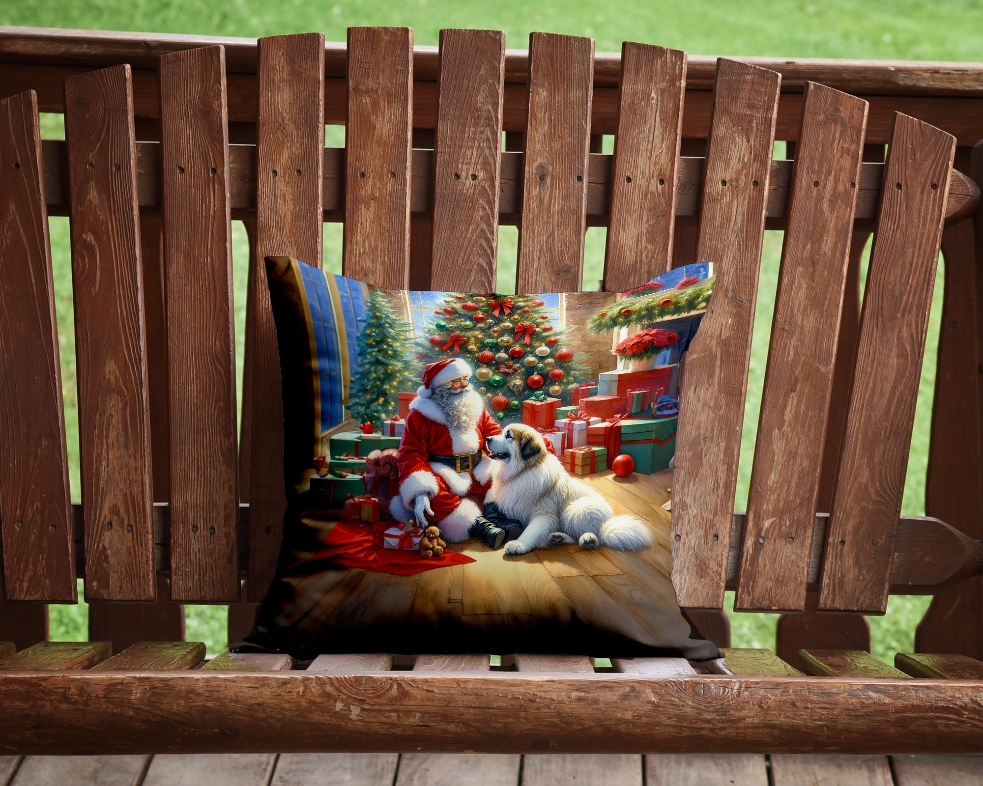 Great Pyrenees and Santa Claus Decorative Throw Pillow 14x14 Indoor Outdoor Accent Cushion, Fabric Cover with Insert for Sofa, Bed, Porch & Living Room