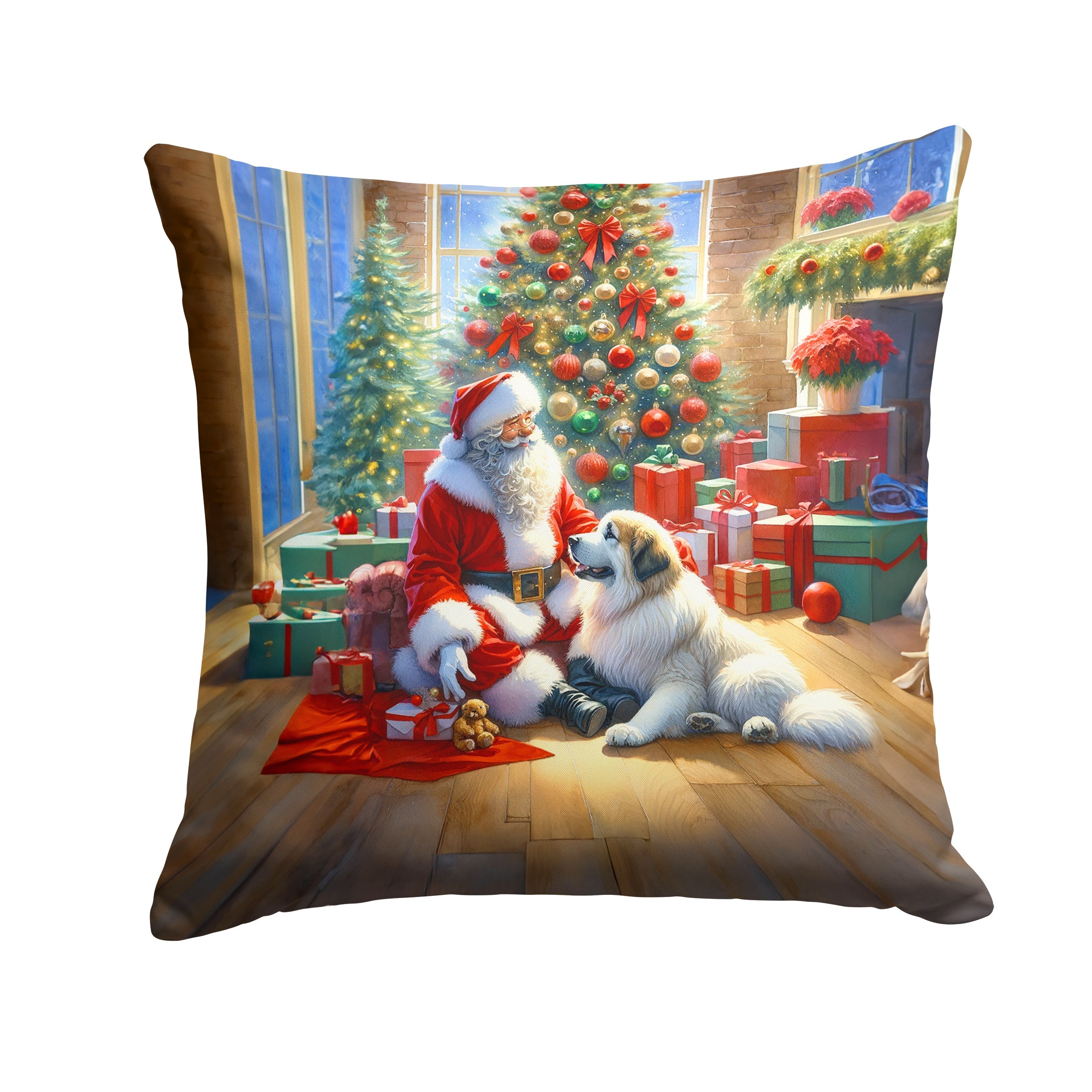 Great Pyrenees and Santa Claus Decorative Throw Pillow 18x18 Indoor Outdoor Accent Cushion, Fabric Cover with Insert for Sofa, Bed, Porch & Living Room