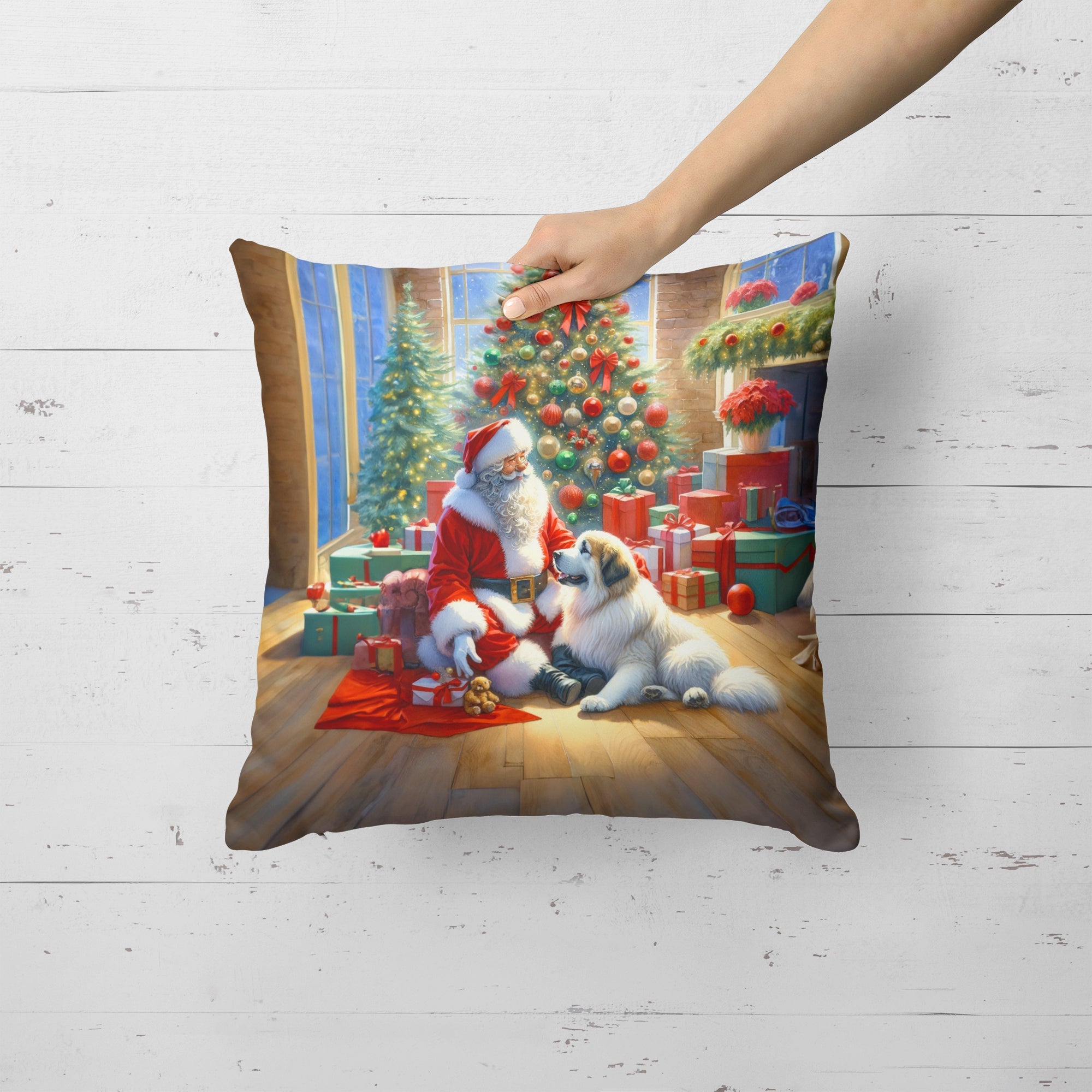 Great Pyrenees and Santa Claus Decorative Throw Pillow 18x18 Indoor Outdoor Accent Cushion, Fabric Cover with Insert for Sofa, Bed, Porch & Living Room