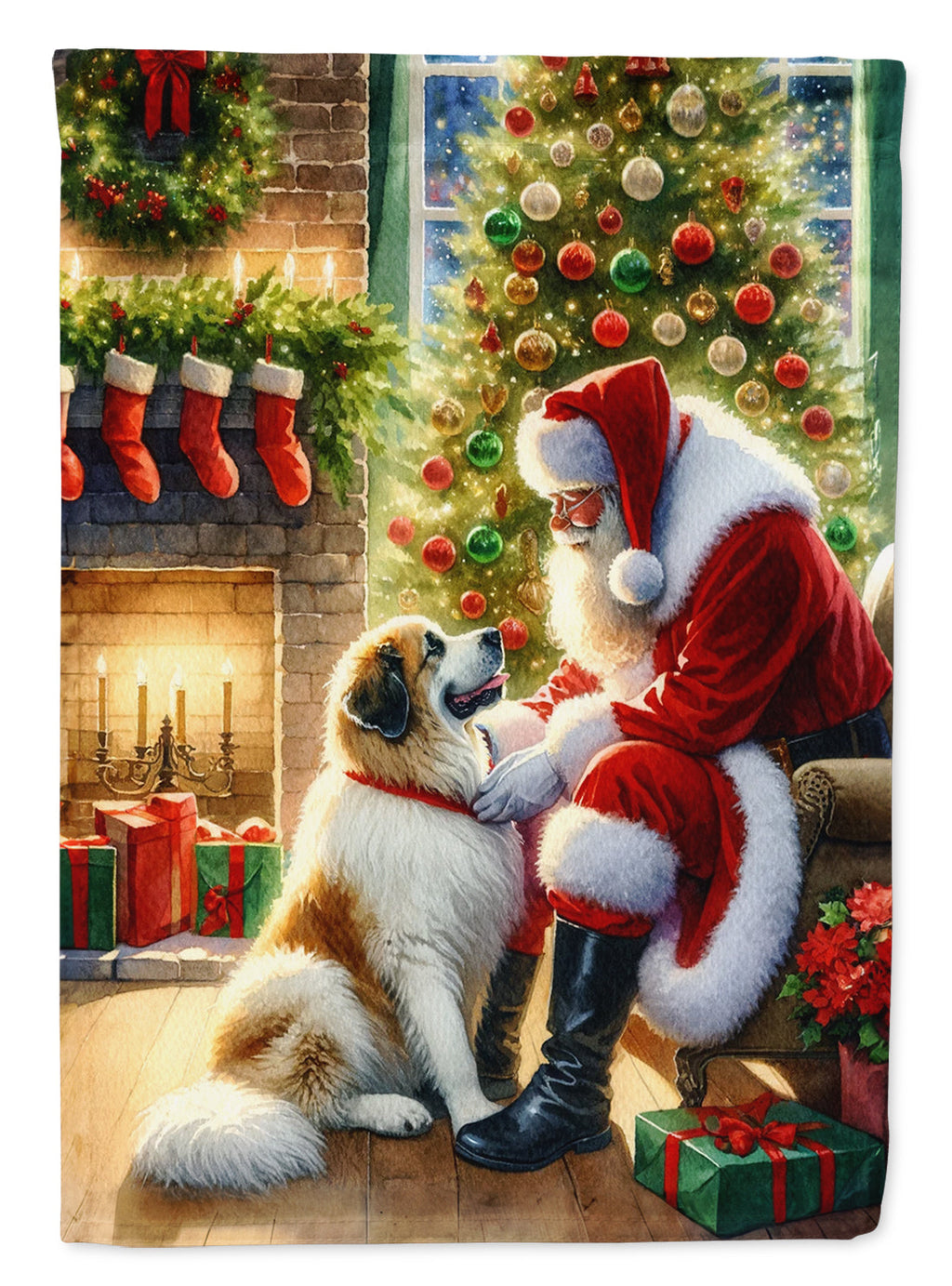 Great Pyrenees and Santa Claus House Flag 28x40 Porch Sleeve Pole Decorative Outside Yard Banner Artwork Wall Hanging, Polyester