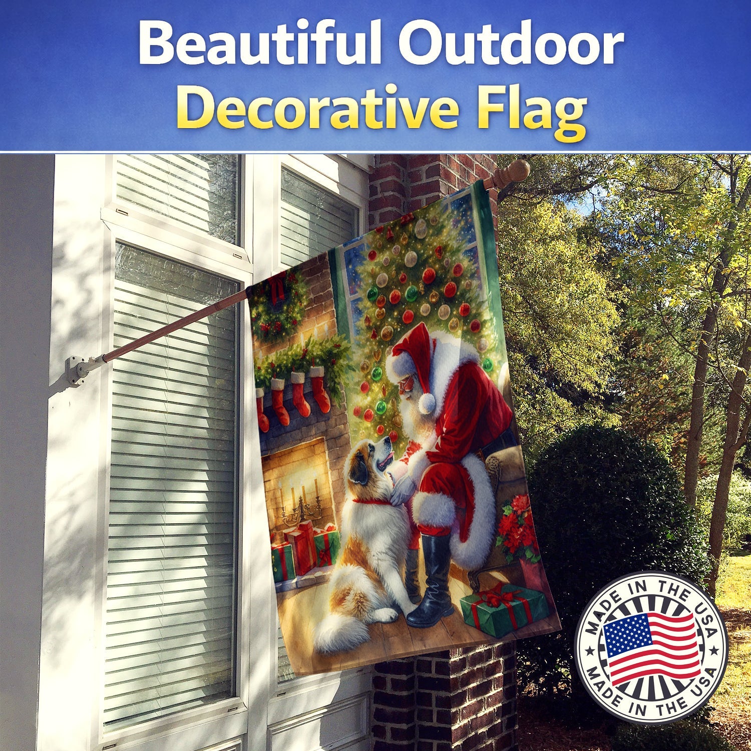Great Pyrenees and Santa Claus House Flag 28x40 Porch Sleeve Pole Decorative Outside Yard Banner Artwork Wall Hanging, Polyester