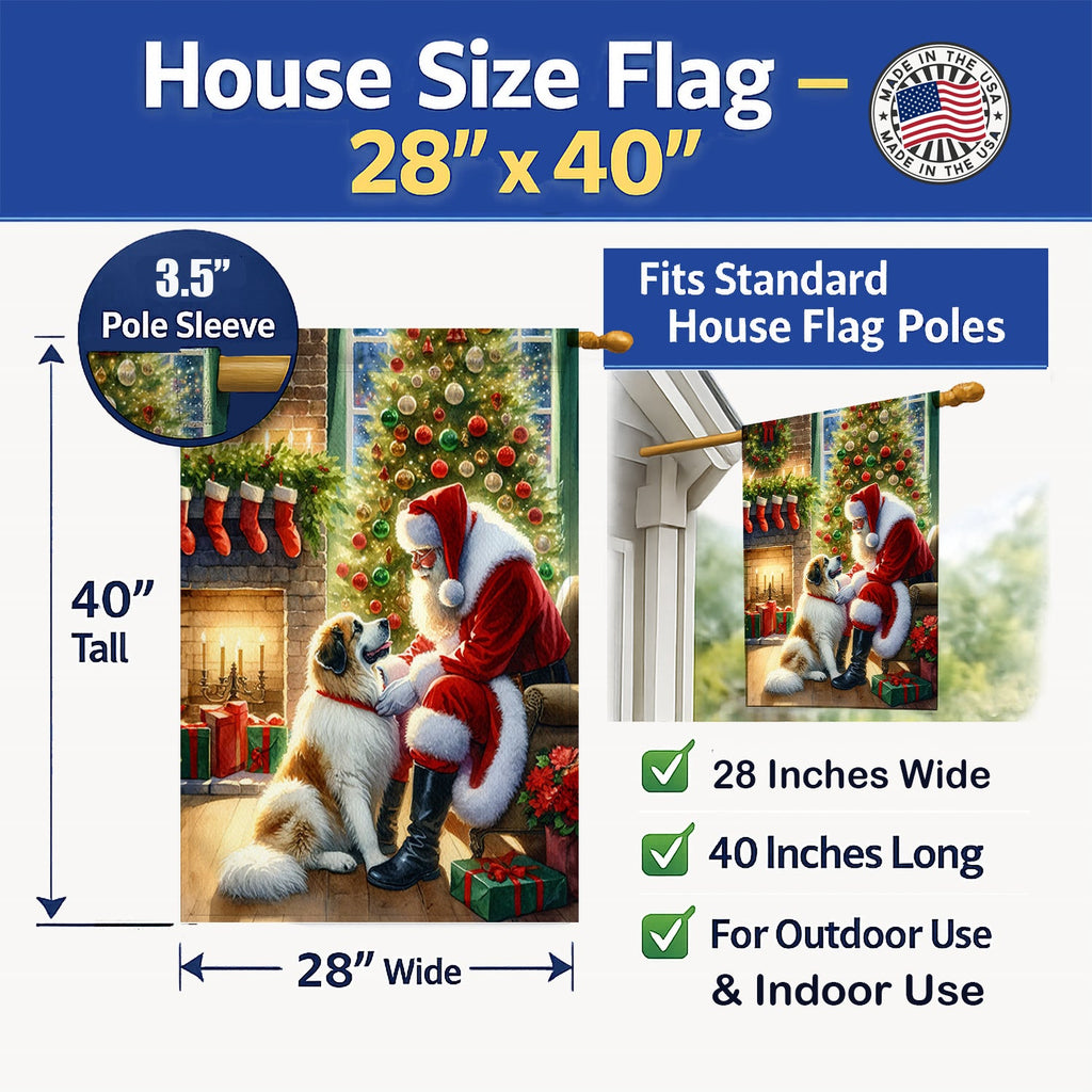 Great Pyrenees and Santa Claus House Flag 28x40 Porch Sleeve Pole Decorative Outside Yard Banner Artwork Wall Hanging, Polyester