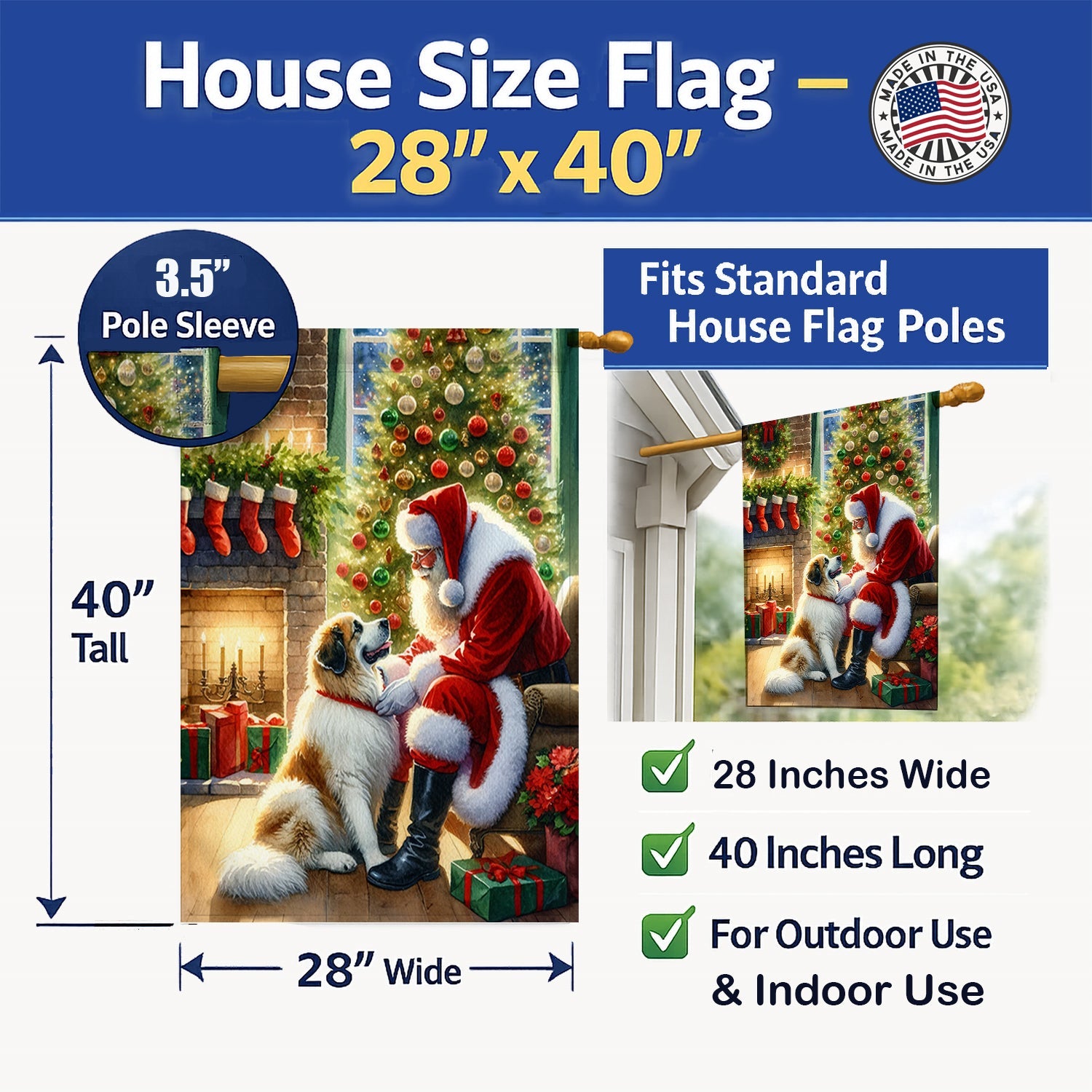 Great Pyrenees and Santa Claus House Flag 28x40 Porch Sleeve Pole Decorative Outside Yard Banner Artwork Wall Hanging, Polyester