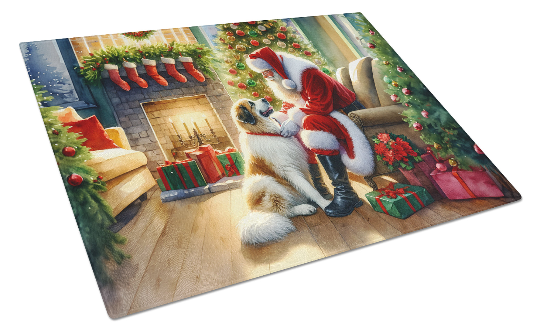 Great Pyrenees and Santa Claus Cutting Board Tempered Glass Kitchen Cutting Surface, Heat Resistant Chopping, Non-Slip Feet, Food Prep & Serving