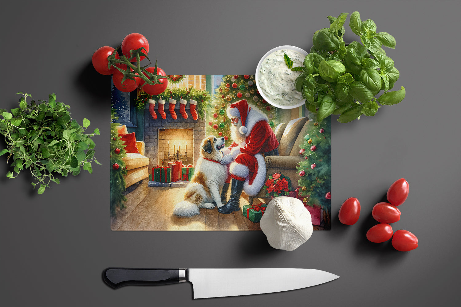 Great Pyrenees and Santa Claus Cutting Board Tempered Glass Kitchen Cutting Surface, Heat Resistant Chopping, Non-Slip Feet, Food Prep & Serving