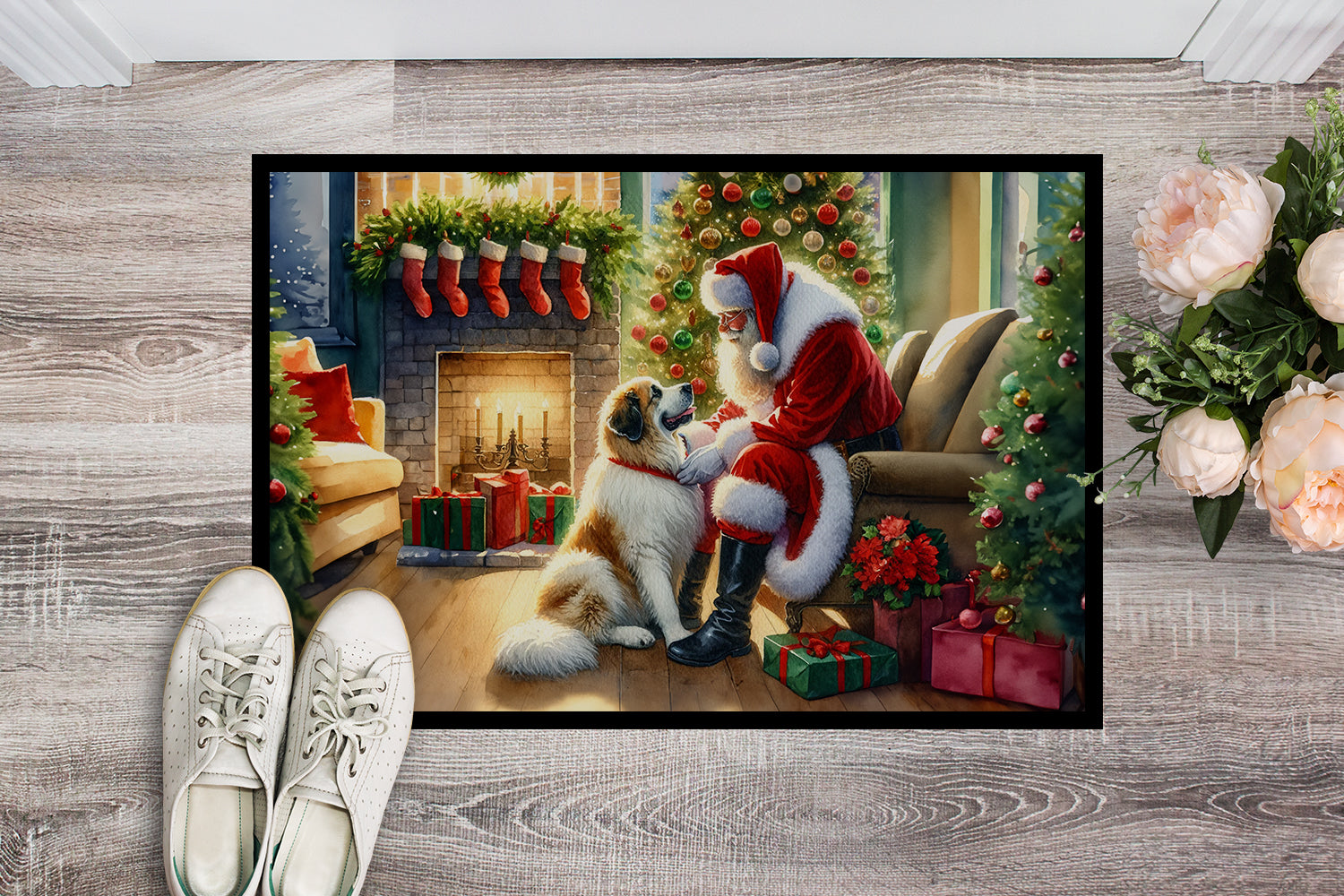 Great Pyrenees and Santa Claus Doormat Indoor Outdoor 18H X 27W Front Door Mat Rugs for Entryway, Non Slip Washable