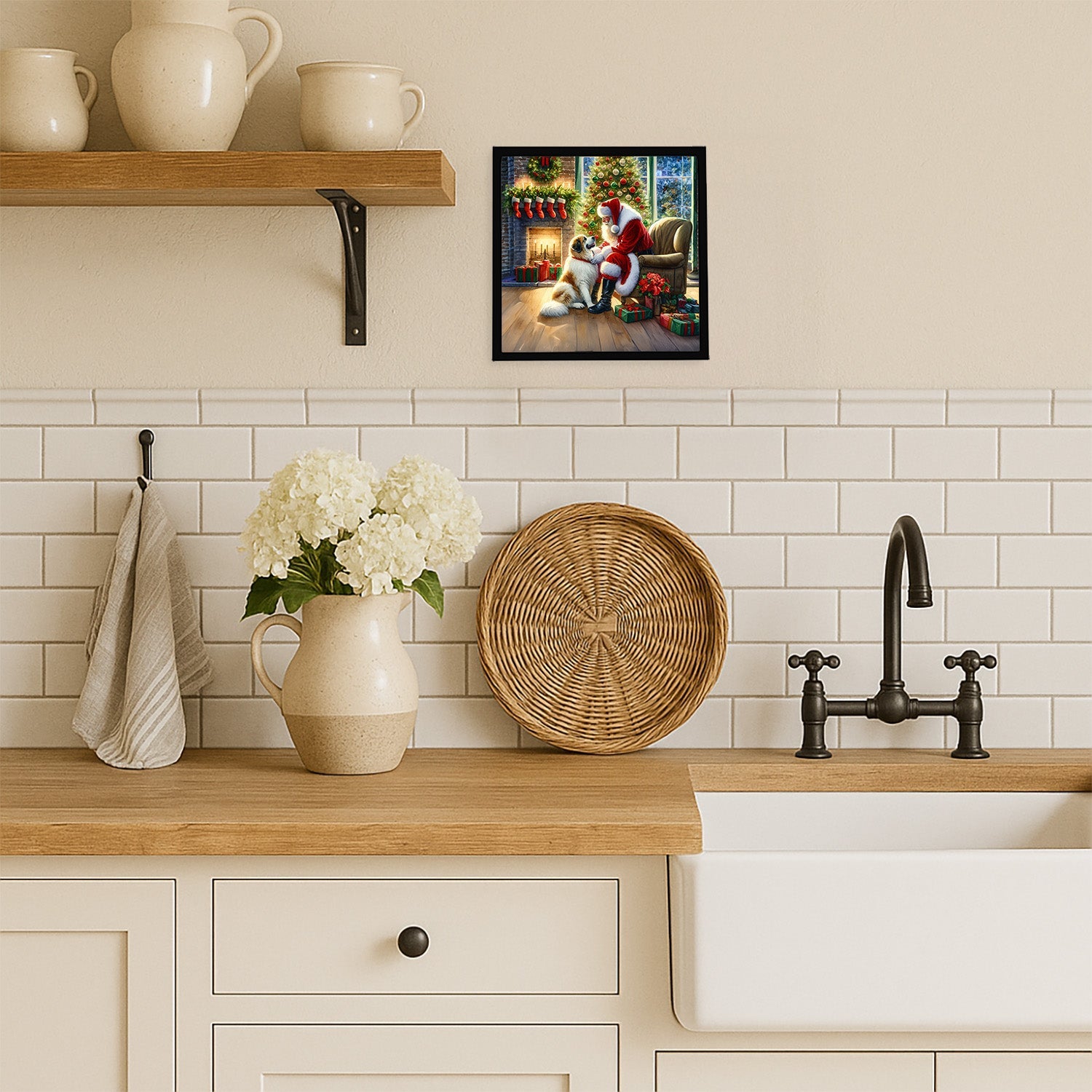 Great Pyrenees and Santa Claus Framed Metal Print Bathroom, Kitchen, Office, Home Decor Wall Art Ready to Hang, Square, 8X8