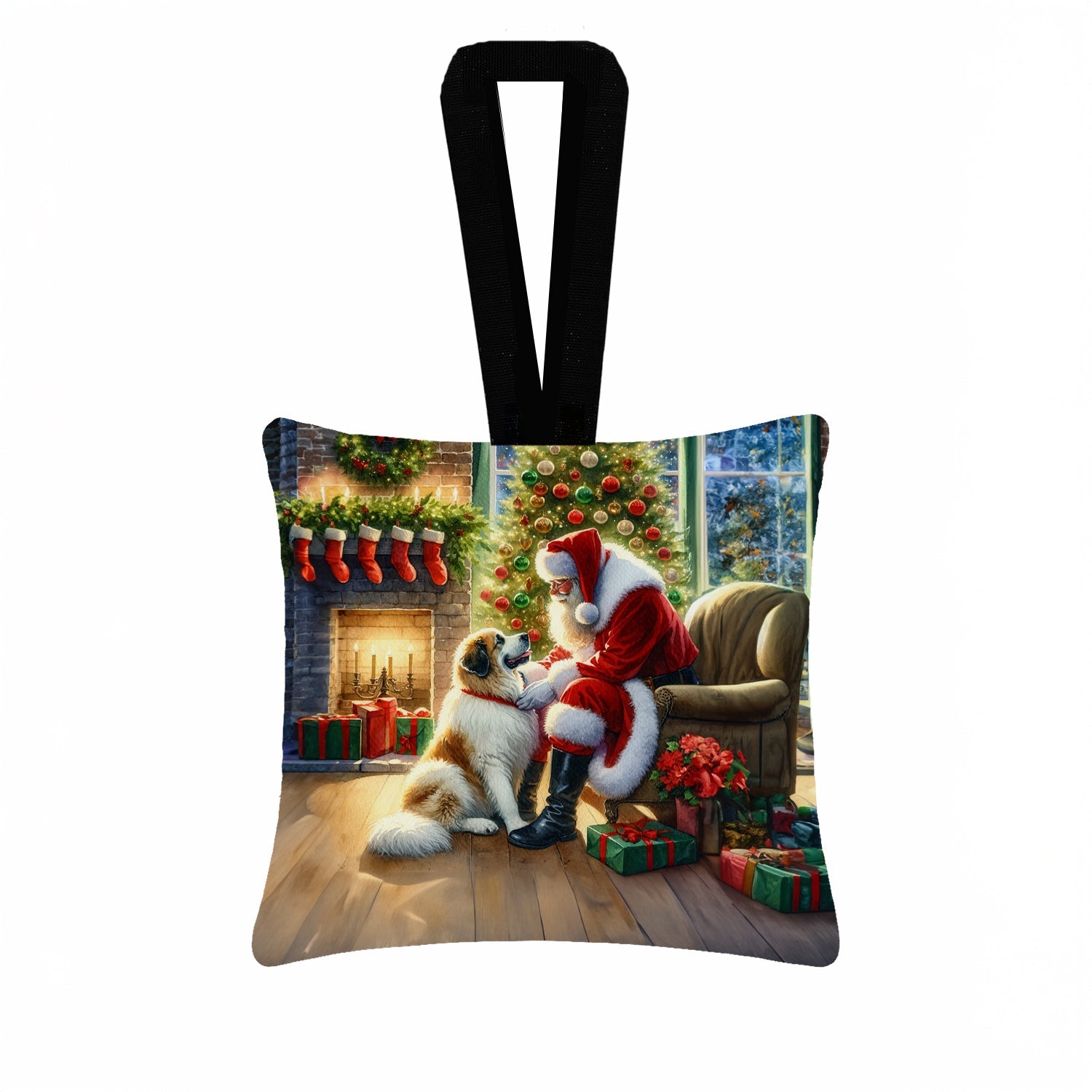 Great Pyrenees and Santa Claus Hanging Square Fabric Ornament 3.5 × 3.5 Decorative Door-Knob & Tree Hanger, Soft Fabric