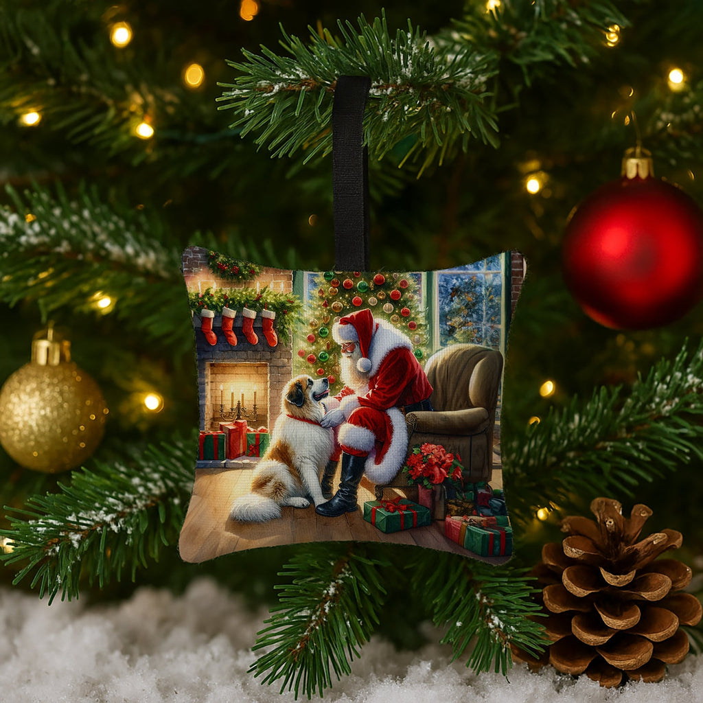 Great Pyrenees and Santa Claus Hanging Square Fabric Ornament 3.5 × 3.5 Decorative Door-Knob & Tree Hanger, Soft Fabric