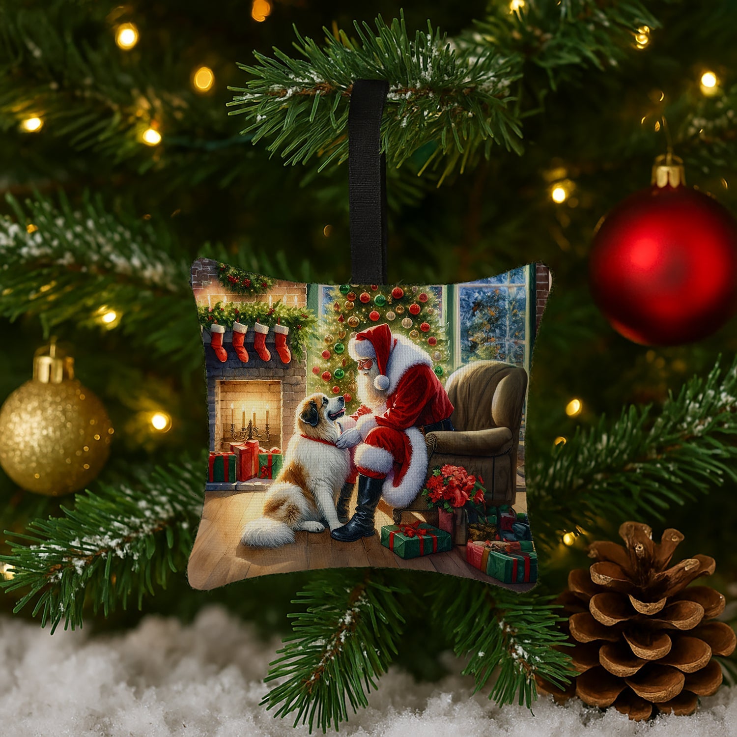 Great Pyrenees and Santa Claus Hanging Square Fabric Ornament 3.5 × 3.5 Decorative Door-Knob & Tree Hanger, Soft Fabric