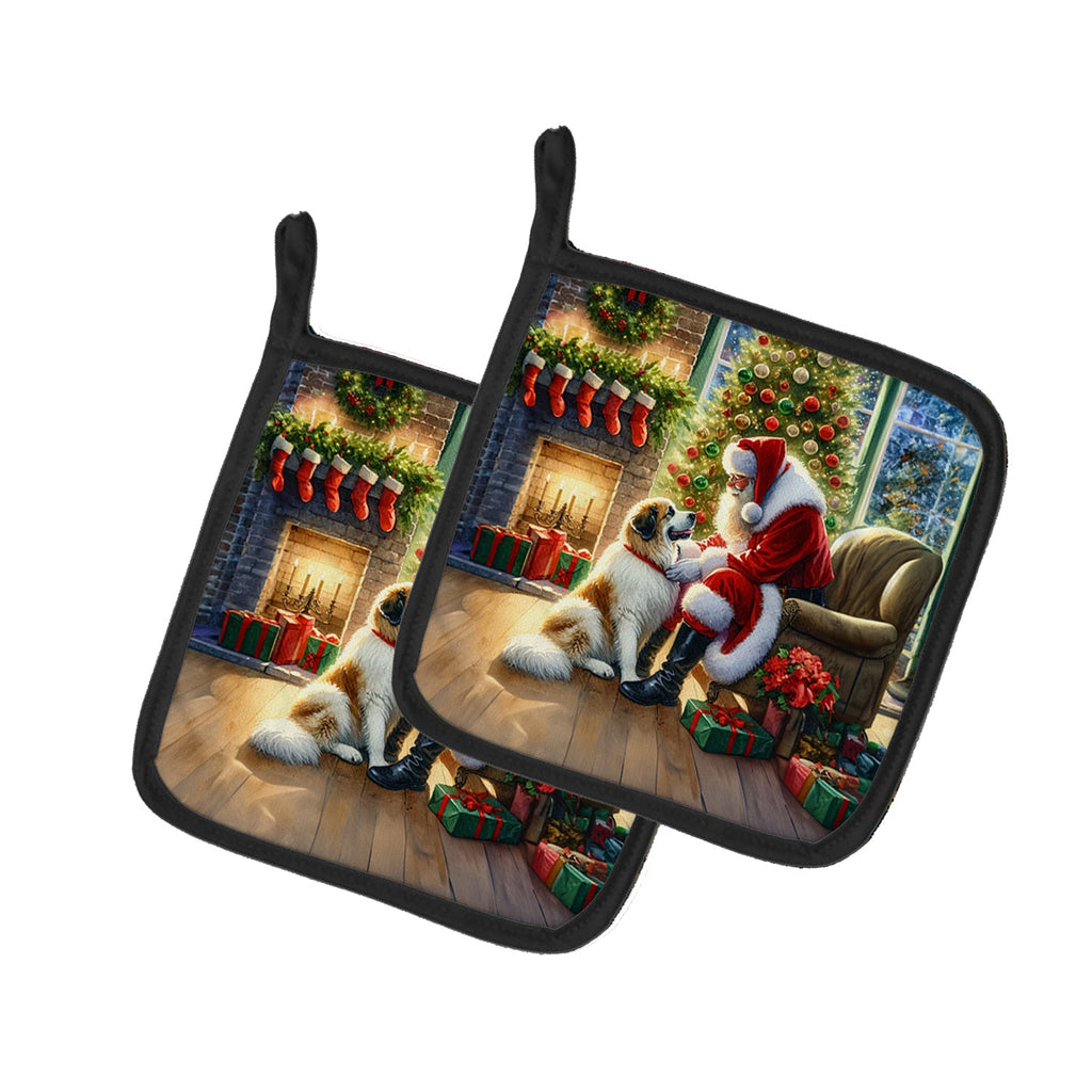 Great Pyrenees and Santa Claus Pot Holder Set of 2 Heat Resistant Quilted Hot Pads 7.5 x 7.5 Inch, Insulated Kitchen Trivets for Cooking & Baking