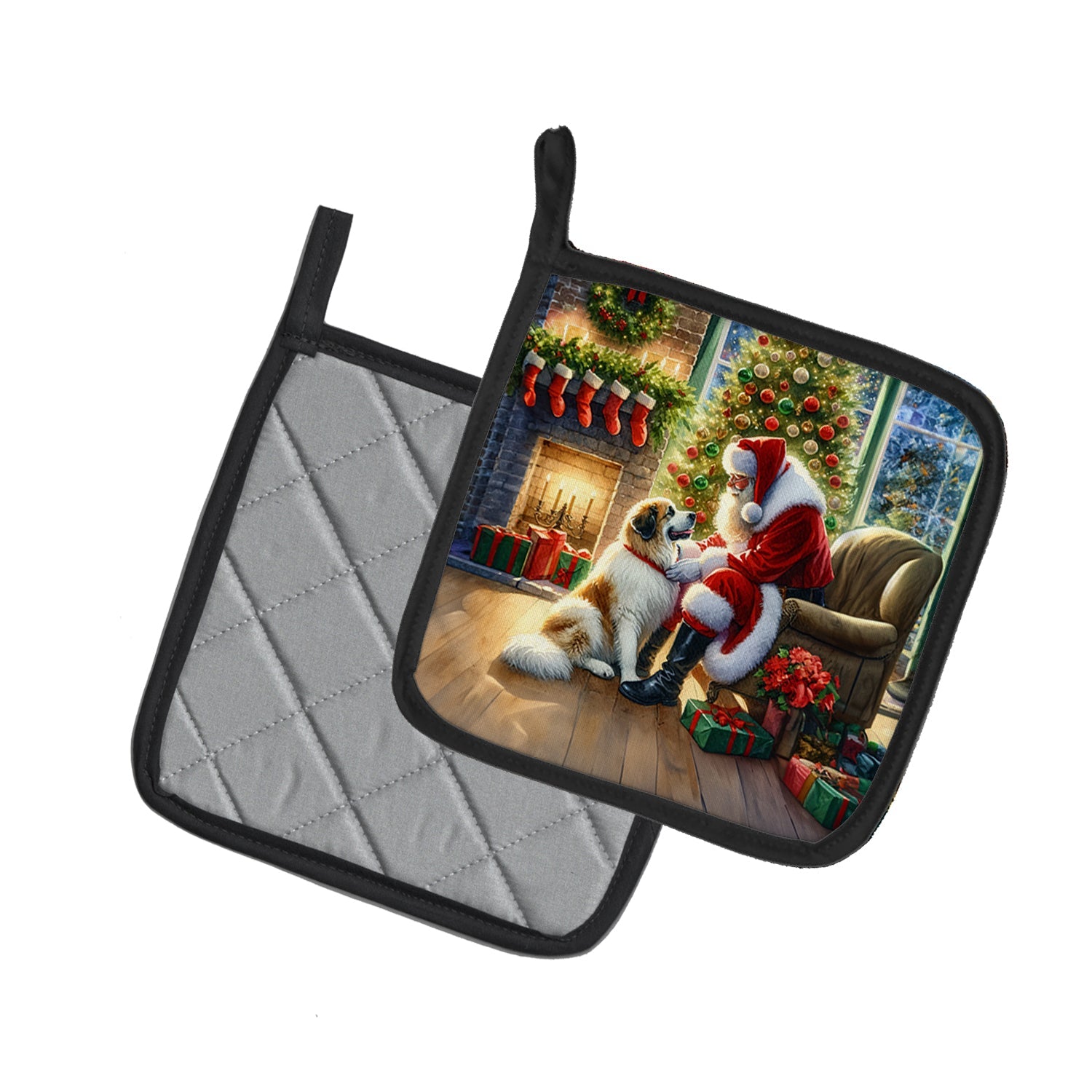 Great Pyrenees and Santa Claus Pot Holder Set of 2 Heat Resistant Quilted Hot Pads 7.5 x 7.5 Inch, Insulated Kitchen Trivets for Cooking & Baking