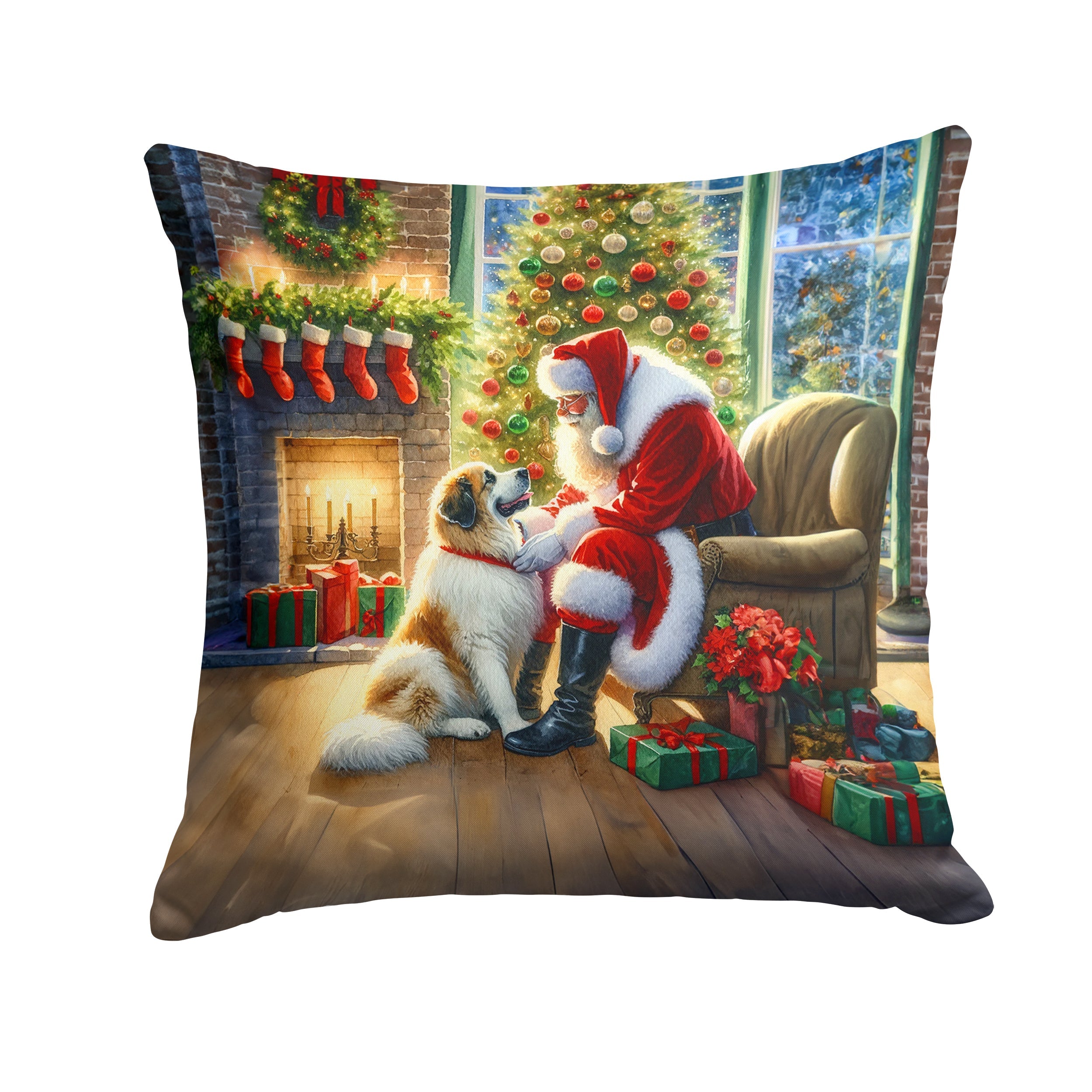 Great Pyrenees and Santa Claus Decorative Throw Pillow 14x14 Indoor Outdoor Accent Cushion, Fabric Cover with Insert for Sofa, Bed, Porch & Living Room