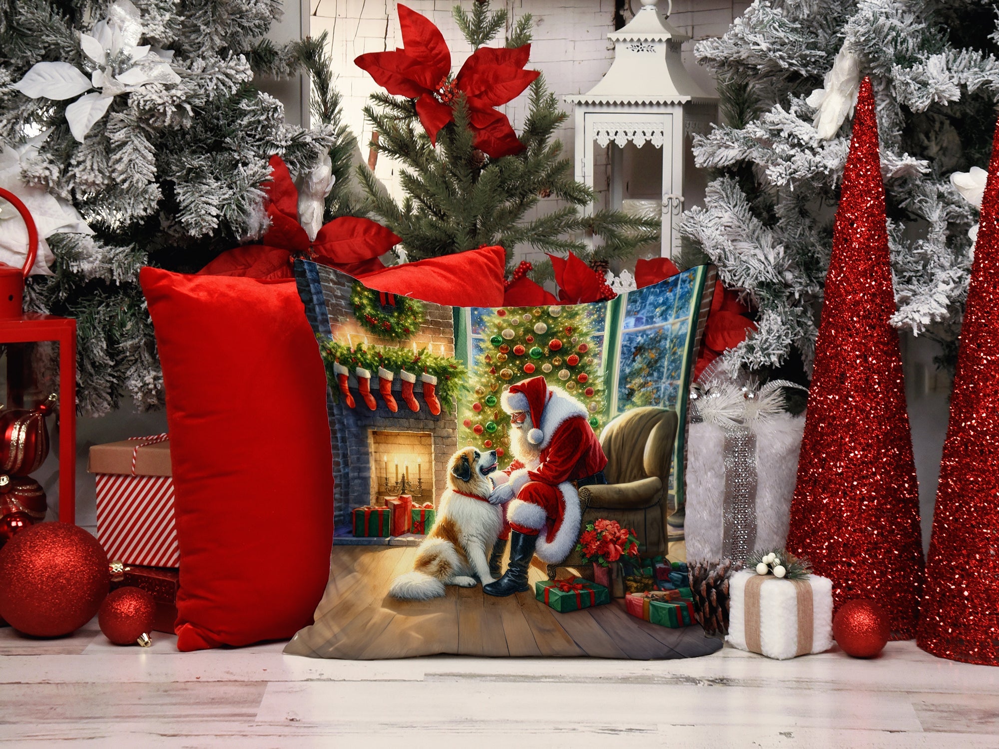 Great Pyrenees and Santa Claus Decorative Throw Pillow 14x14 Indoor Outdoor Accent Cushion, Fabric Cover with Insert for Sofa, Bed, Porch & Living Room
