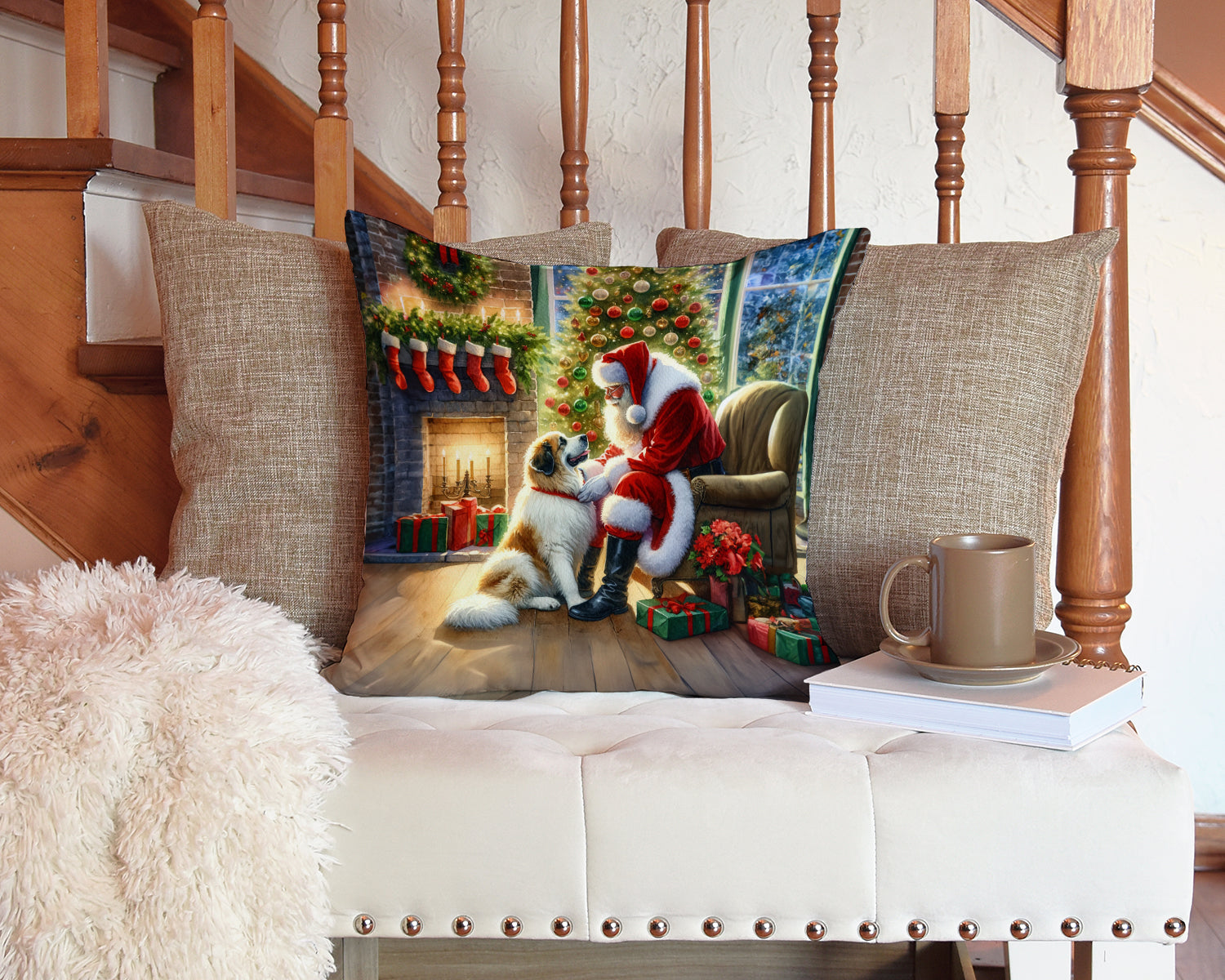 Great Pyrenees and Santa Claus Decorative Throw Pillow 14x14 Indoor Outdoor Accent Cushion, Fabric Cover with Insert for Sofa, Bed, Porch & Living Room