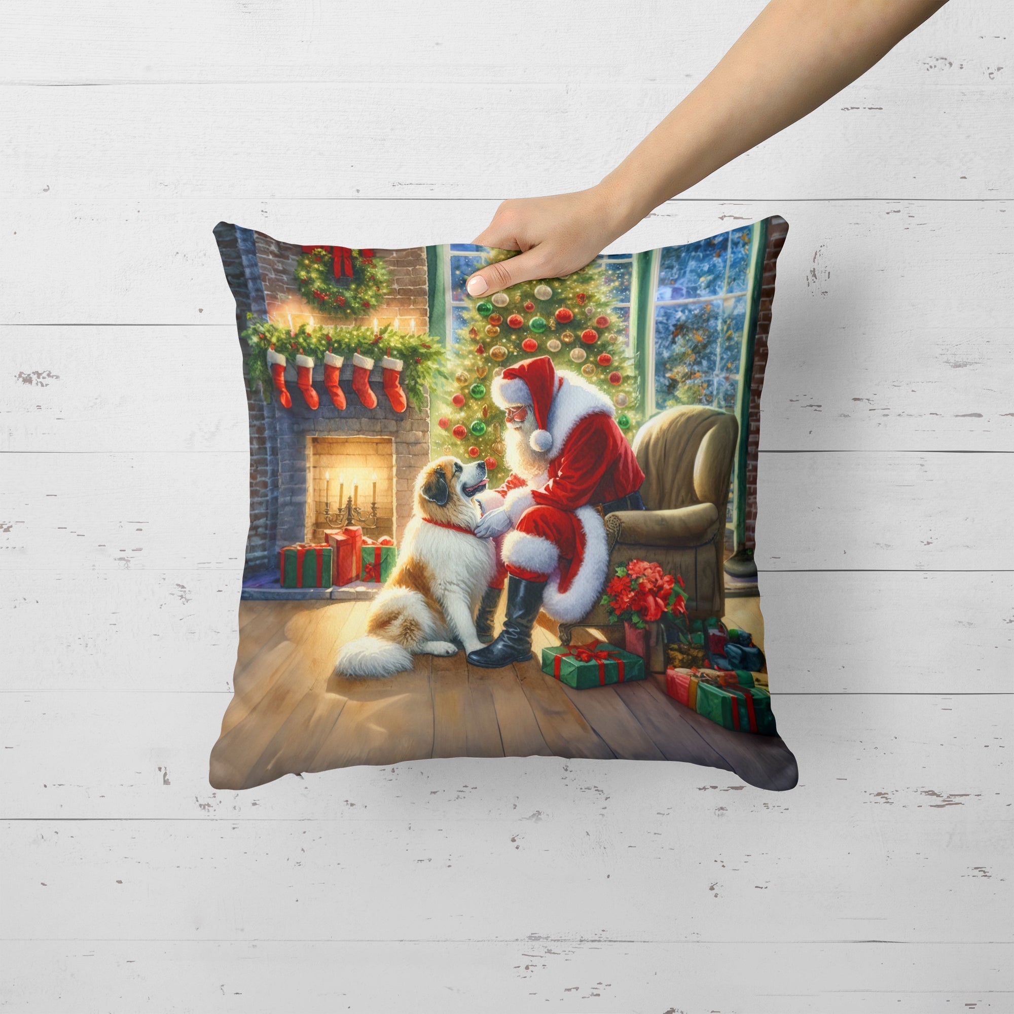 Great Pyrenees and Santa Claus Decorative Throw Pillow 18x18 Indoor Outdoor Accent Cushion, Fabric Cover with Insert for Sofa, Bed, Porch & Living Room