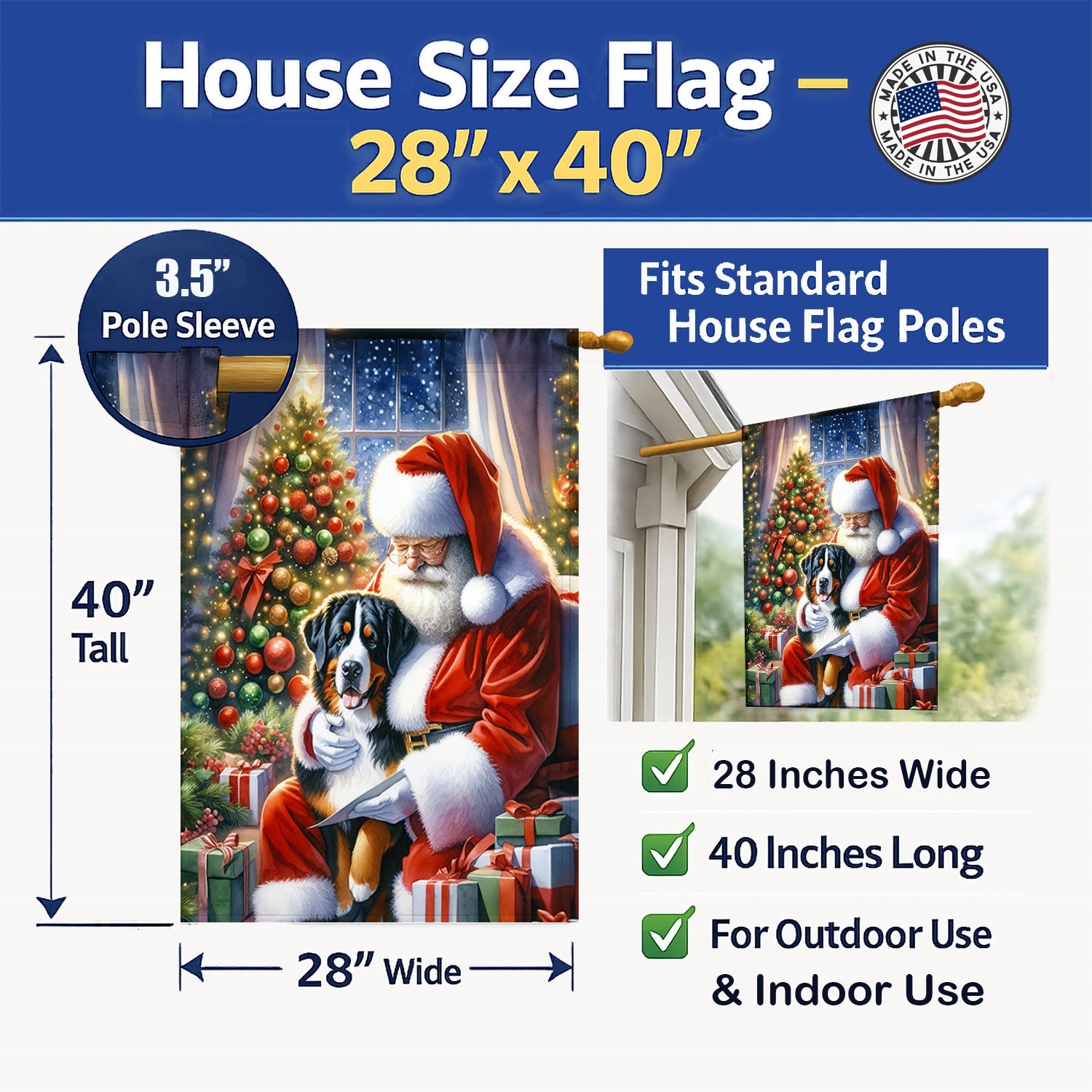 Greater Swiss Mountain Dog and Santa Claus House Flag 28x40 Porch Sleeve Pole Decorative Outside Yard Banner Artwork Wall Hanging, Polyester
