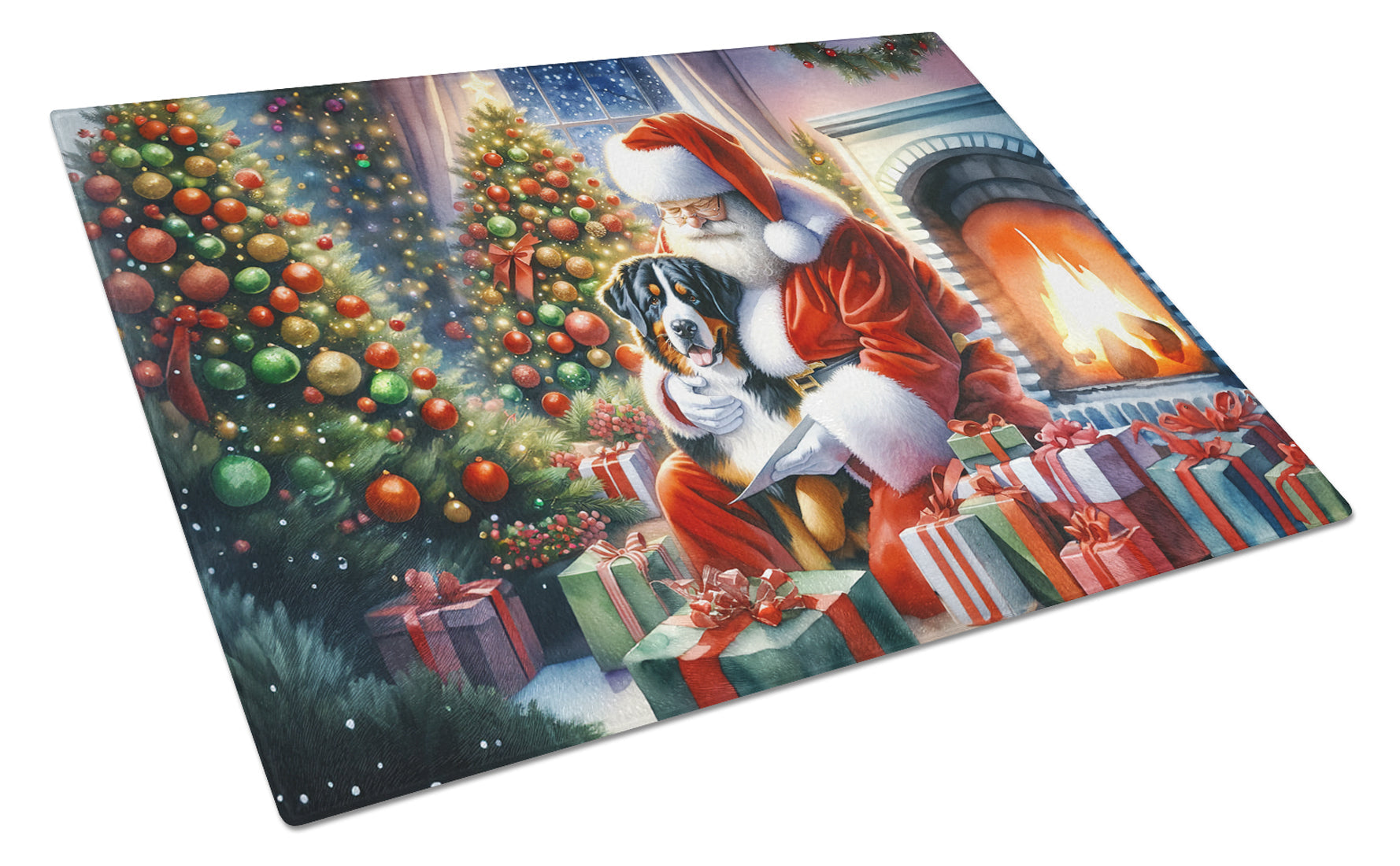 Greater Swiss Mountain Dog and Santa Claus Cutting Board Tempered Glass Kitchen Cutting Surface, Heat Resistant Chopping, Non-Slip Feet, Food Prep & Serving