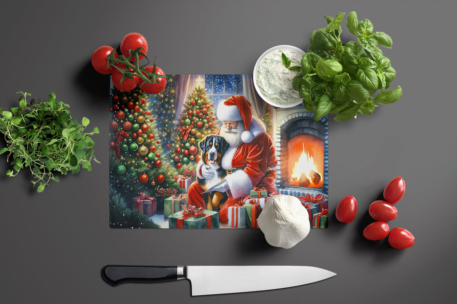 Greater Swiss Mountain Dog and Santa Claus Cutting Board Tempered Glass Kitchen Cutting Surface, Heat Resistant Chopping, Non-Slip Feet, Food Prep & Serving