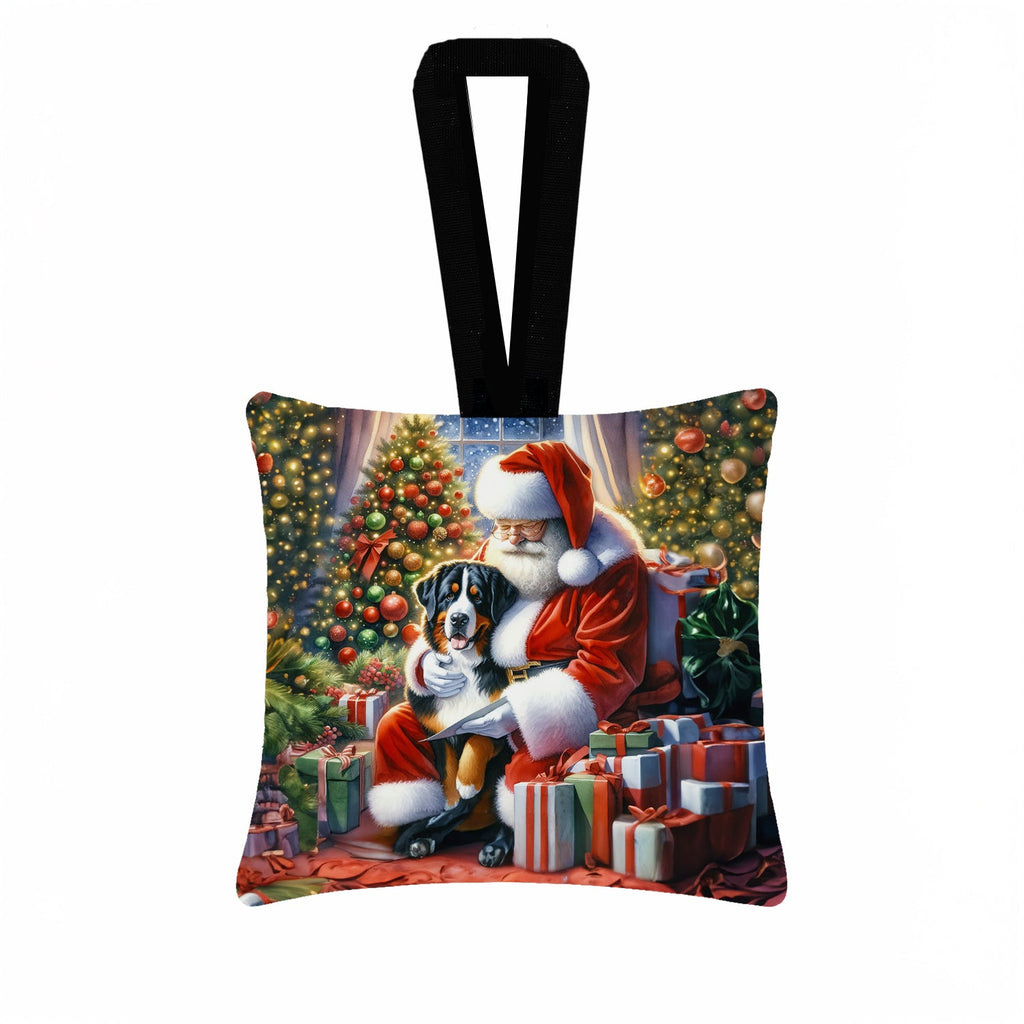 Greater Swiss Mountain Dog and Santa Claus Hanging Square Fabric Ornament 3.5 × 3.5 Decorative Door-Knob & Tree Hanger, Soft Fabric
