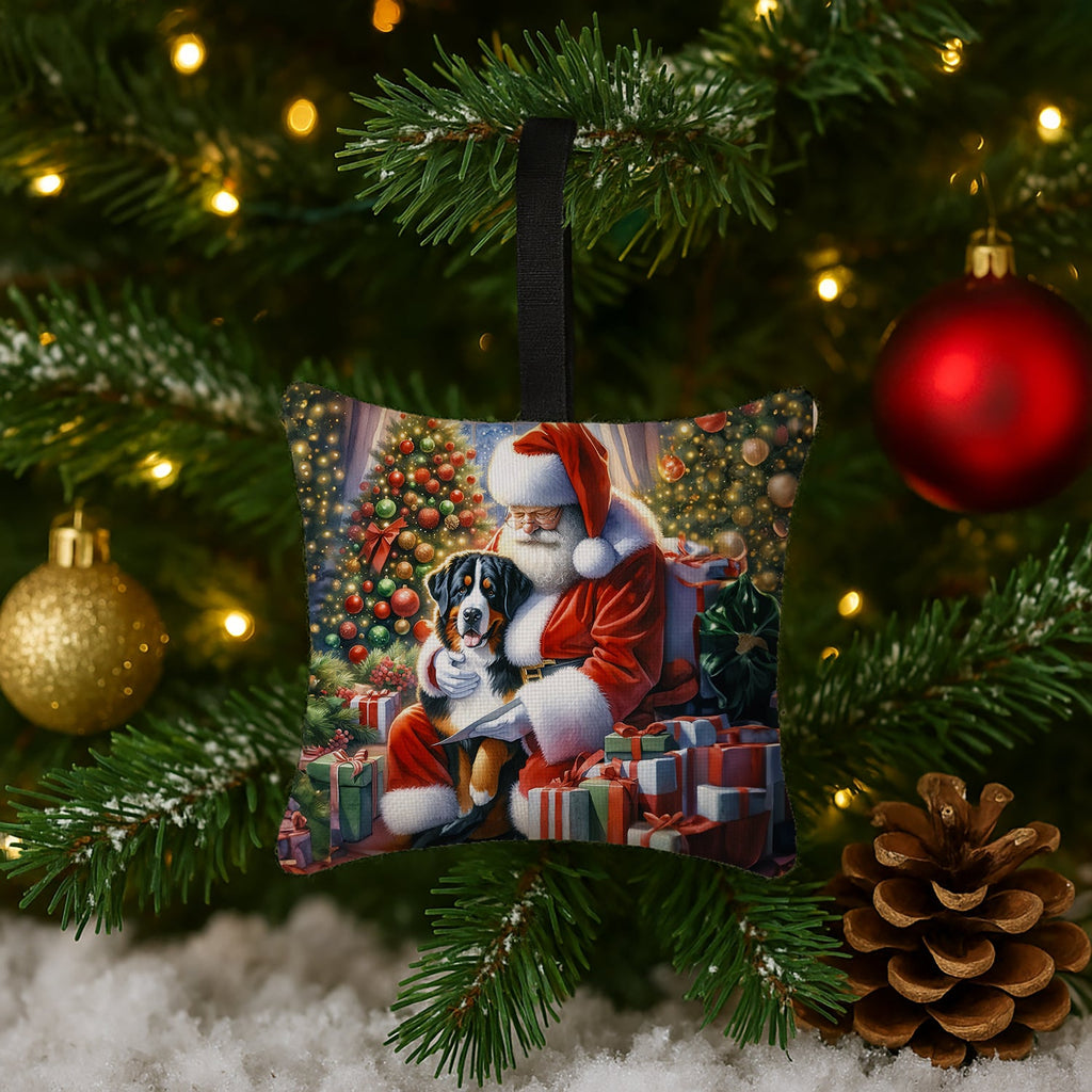Greater Swiss Mountain Dog and Santa Claus Hanging Square Fabric Ornament 3.5 × 3.5 Decorative Door-Knob & Tree Hanger, Soft Fabric