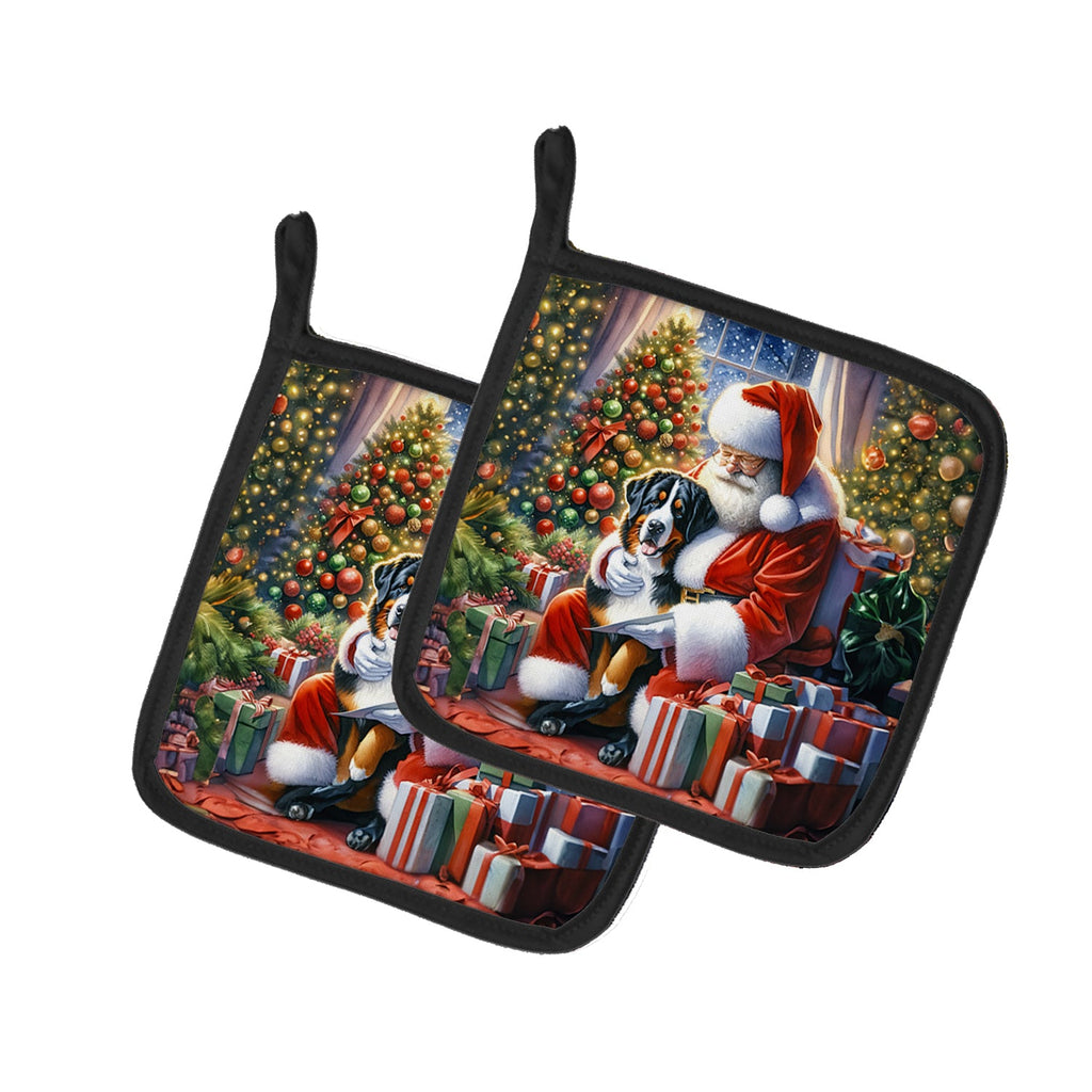 Greater Swiss Mountain Dog and Santa Claus Pot Holder Set of 2 Heat Resistant Quilted Hot Pads 7.5 x 7.5 Inch, Insulated Kitchen Trivets for Cooking & Baking