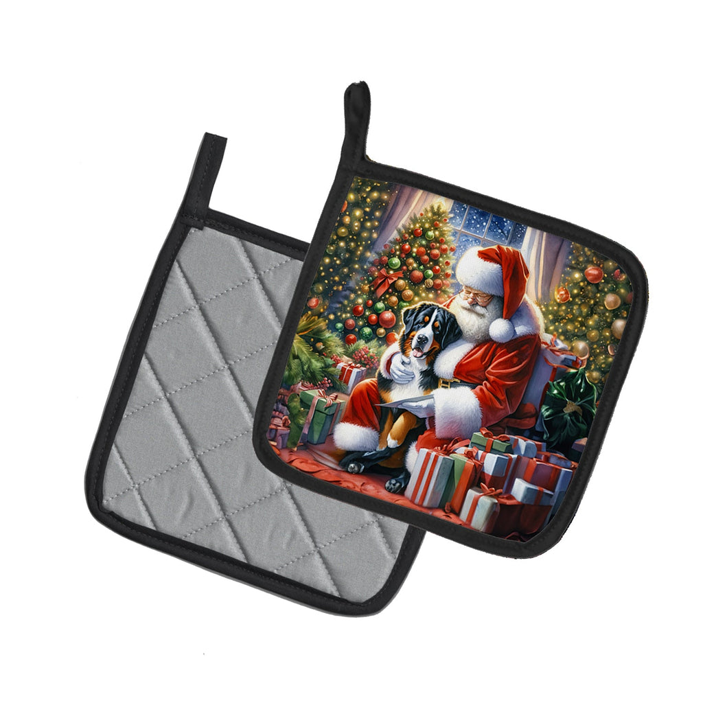 Greater Swiss Mountain Dog and Santa Claus Pot Holder Set of 2 Heat Resistant Quilted Hot Pads 7.5 x 7.5 Inch, Insulated Kitchen Trivets for Cooking & Baking