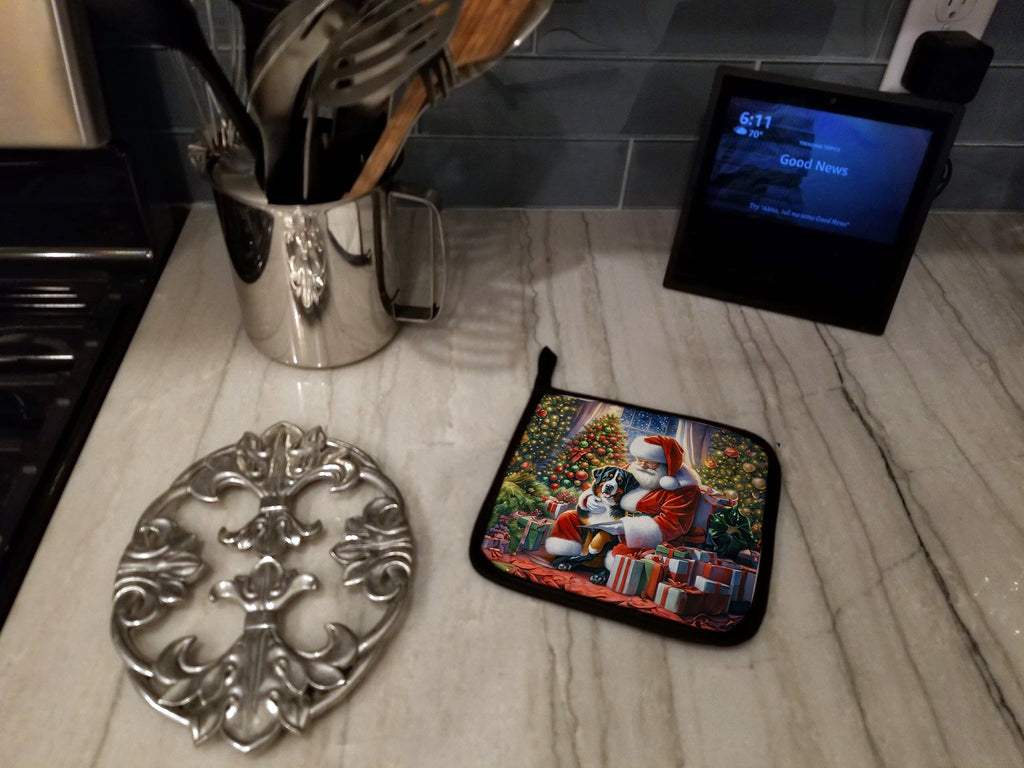 Greater Swiss Mountain Dog and Santa Claus Pot Holder Set of 2 Heat Resistant Quilted Hot Pads 7.5 x 7.5 Inch, Insulated Kitchen Trivets for Cooking & Baking