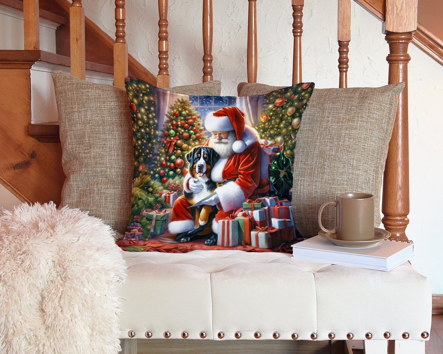 Greater Swiss Mountain Dog and Santa Claus Decorative Throw Pillow 14x14 Indoor Outdoor Accent Cushion, Fabric Cover with Insert for Sofa, Bed, Porch & Living Room