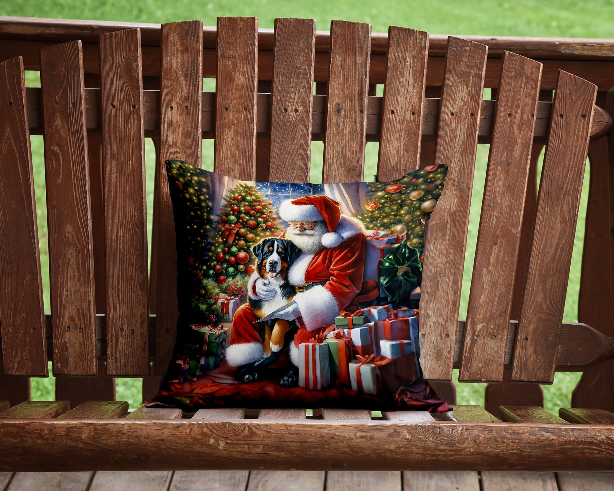 Greater Swiss Mountain Dog and Santa Claus Decorative Throw Pillow 14x14 Indoor Outdoor Accent Cushion, Fabric Cover with Insert for Sofa, Bed, Porch & Living Room