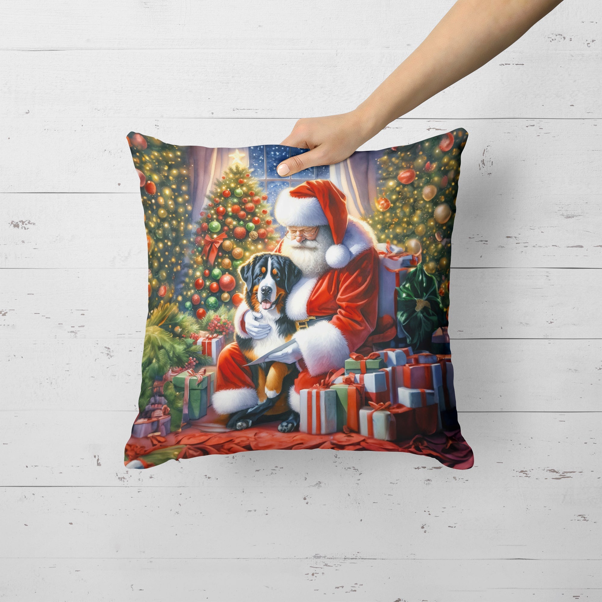 Greater Swiss Mountain Dog and Santa Claus Decorative Throw Pillow 18x18 Indoor Outdoor Accent Cushion, Fabric Cover with Insert for Sofa, Bed, Porch & Living Room